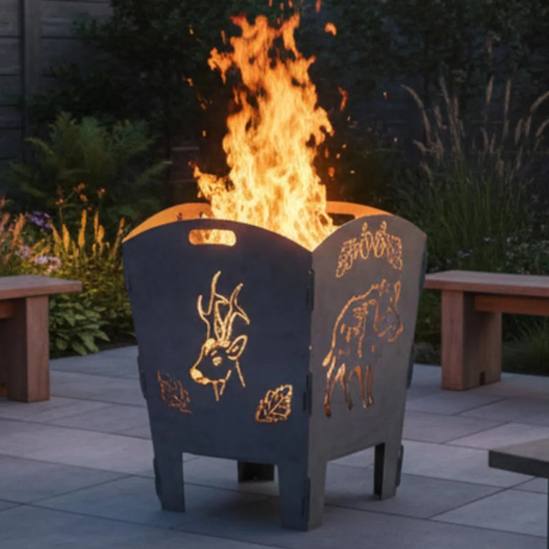 Terma Stahldesign Feuerkorb Jäger Wildschwein Rehbock 70 cm Feuertonne massiv Stahl Feuerstelle Garten Terrasse zerlegbar optional Feuerplatte Handmade Germany