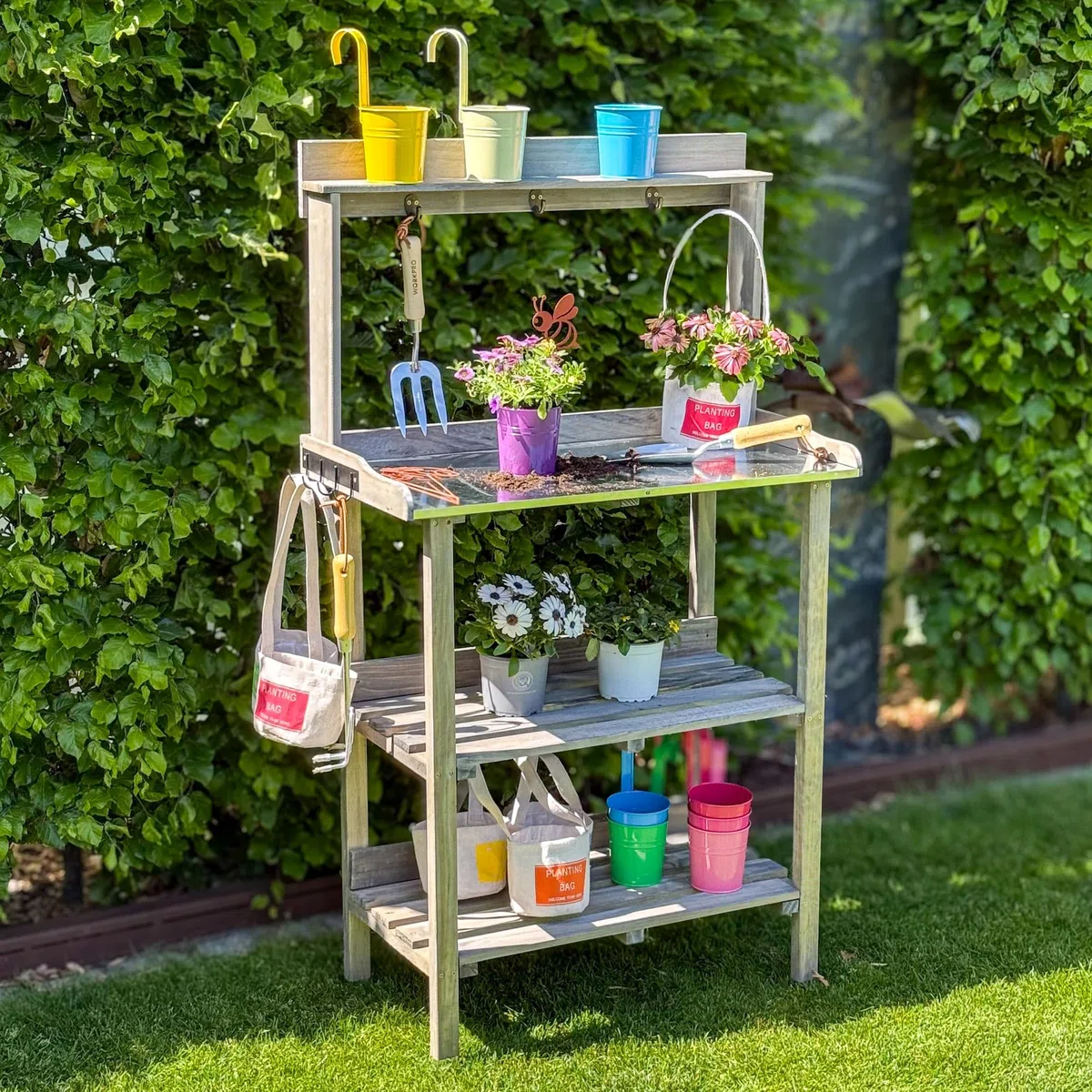 UNUS Pflanztisch aus Holz mit Zink-Arbeitsplatte, 78x36x131 cm, Pflanzregal in Grau für Balkon, Terrasse & Garten, Gartentisch mit Ablagen