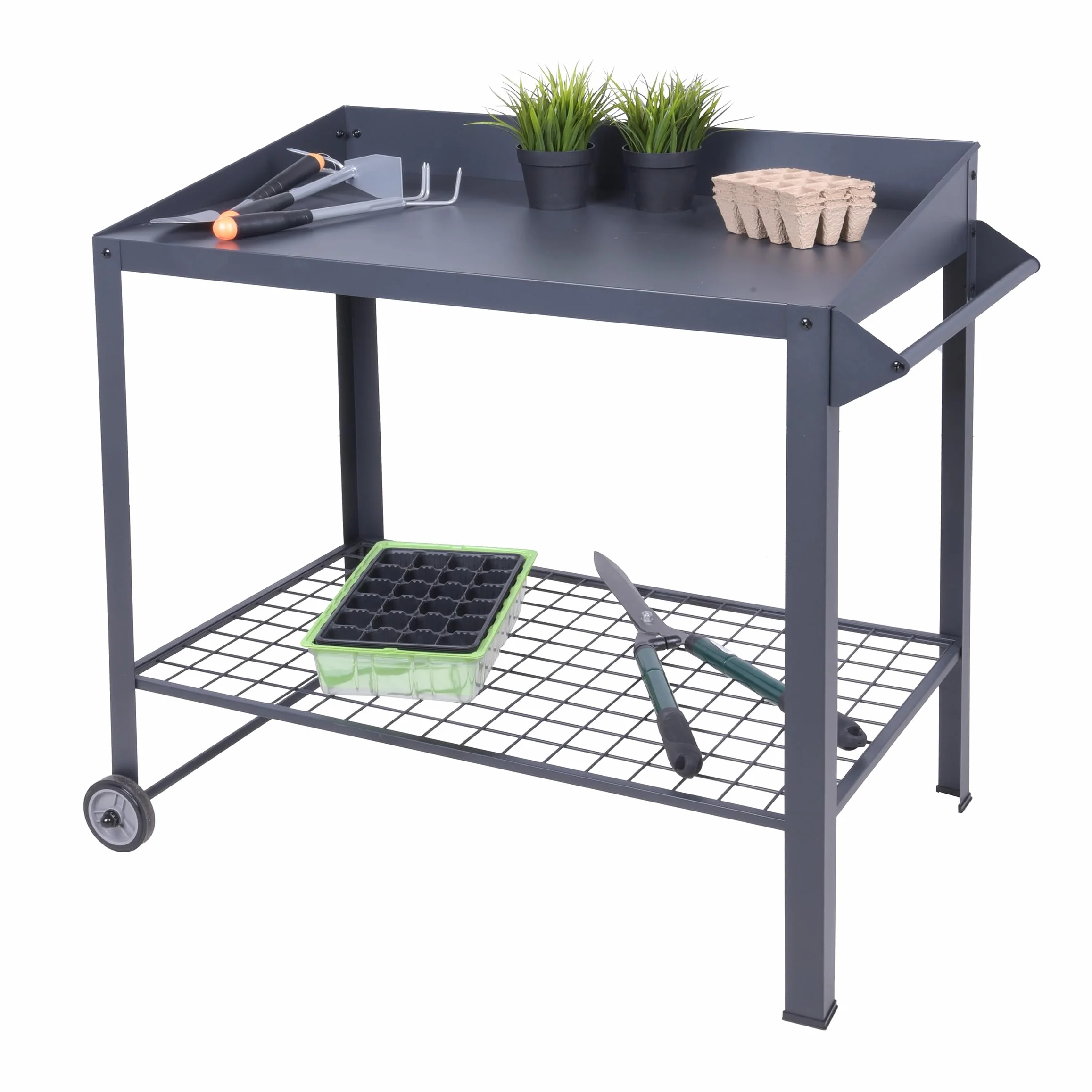 Spetebo Metall Pflanztisch auf Rollen - 90 x 55 cm - Gärtnertisch mit Gitterablage - Garten Arbeitstisch Blumentisch Outdoor Arbeitsplatte mit Ablage rollbar
