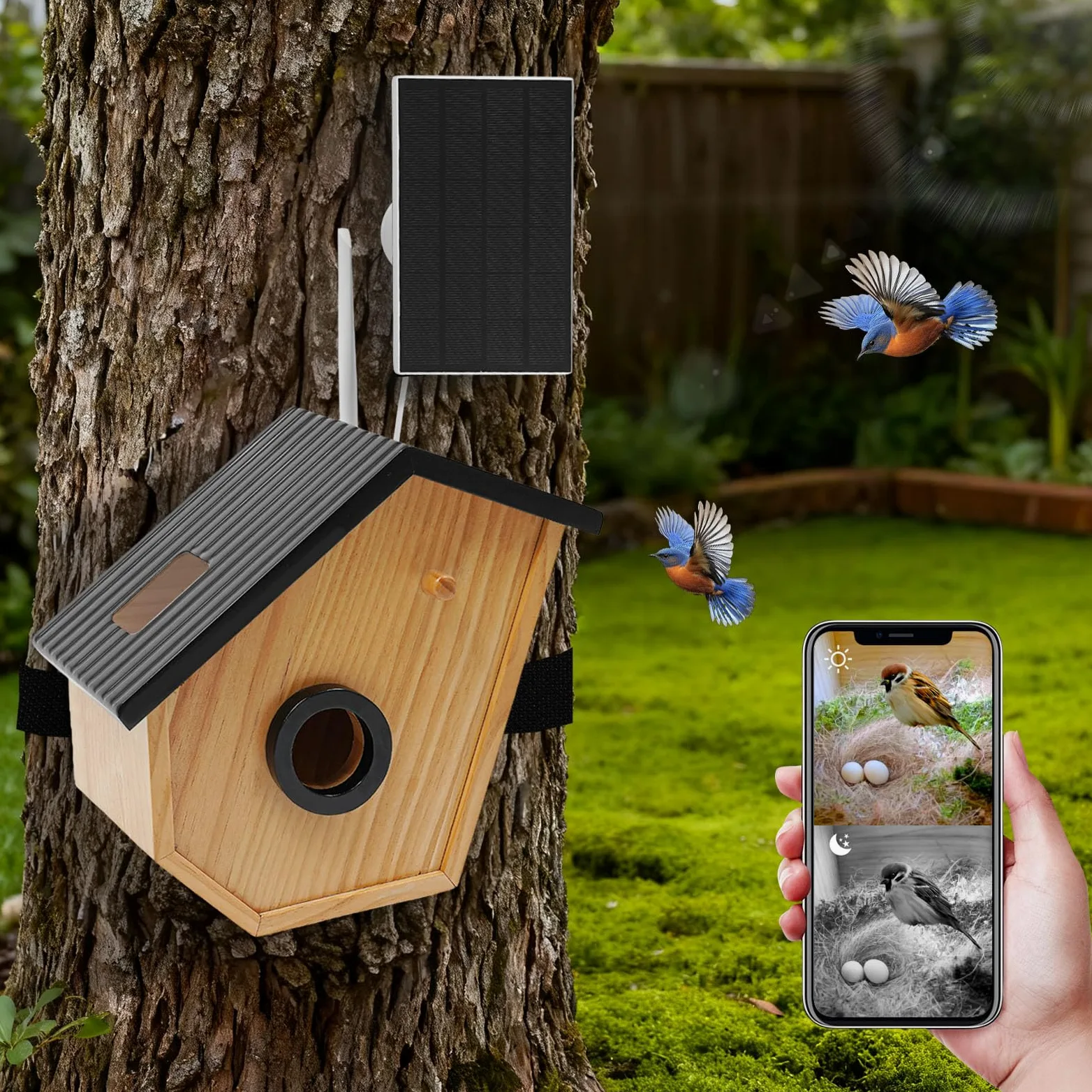 Kiefernholz Vogelhaus mit Kamera,Solarbetrieb,Bird Feeder Camera,KI-Vogelerkennung,Nachtsicht (Farbe/Infrarot),HD-Überwachung,für Volieren,Bauernhöfe,Gärten, Balkone
