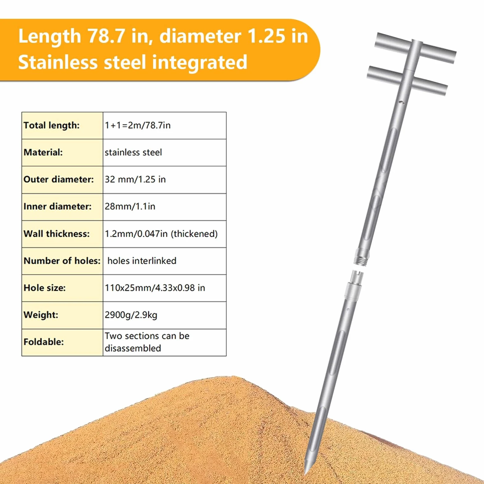 Edelstahl-Probenahmesonde für genaue Korn- und Pulversammlung, 2 m x 32 mm, Forschungsgeräte für Pulveranalyse