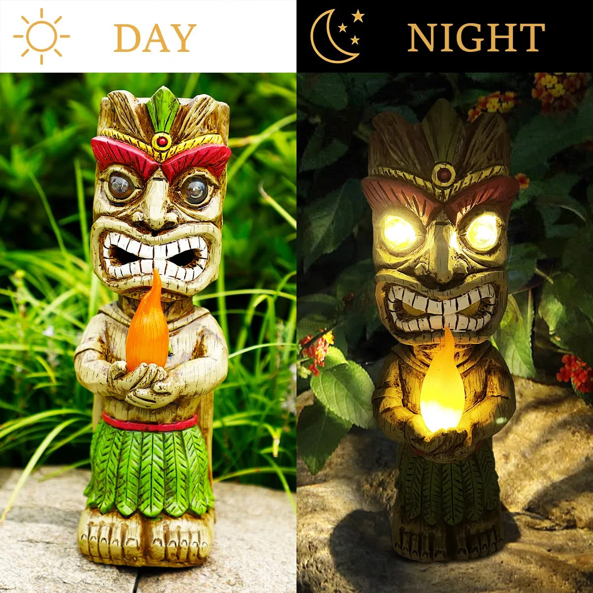 Solar Tiki Fackel Gartenstatue, Harz Tiki Dekor Figur mit solarbetriebenen Lichtern, hawaiianischer tropischer Tiki Mann Krieger, Tiki Dude, Tiki Gott, Party, Strand Dekoration