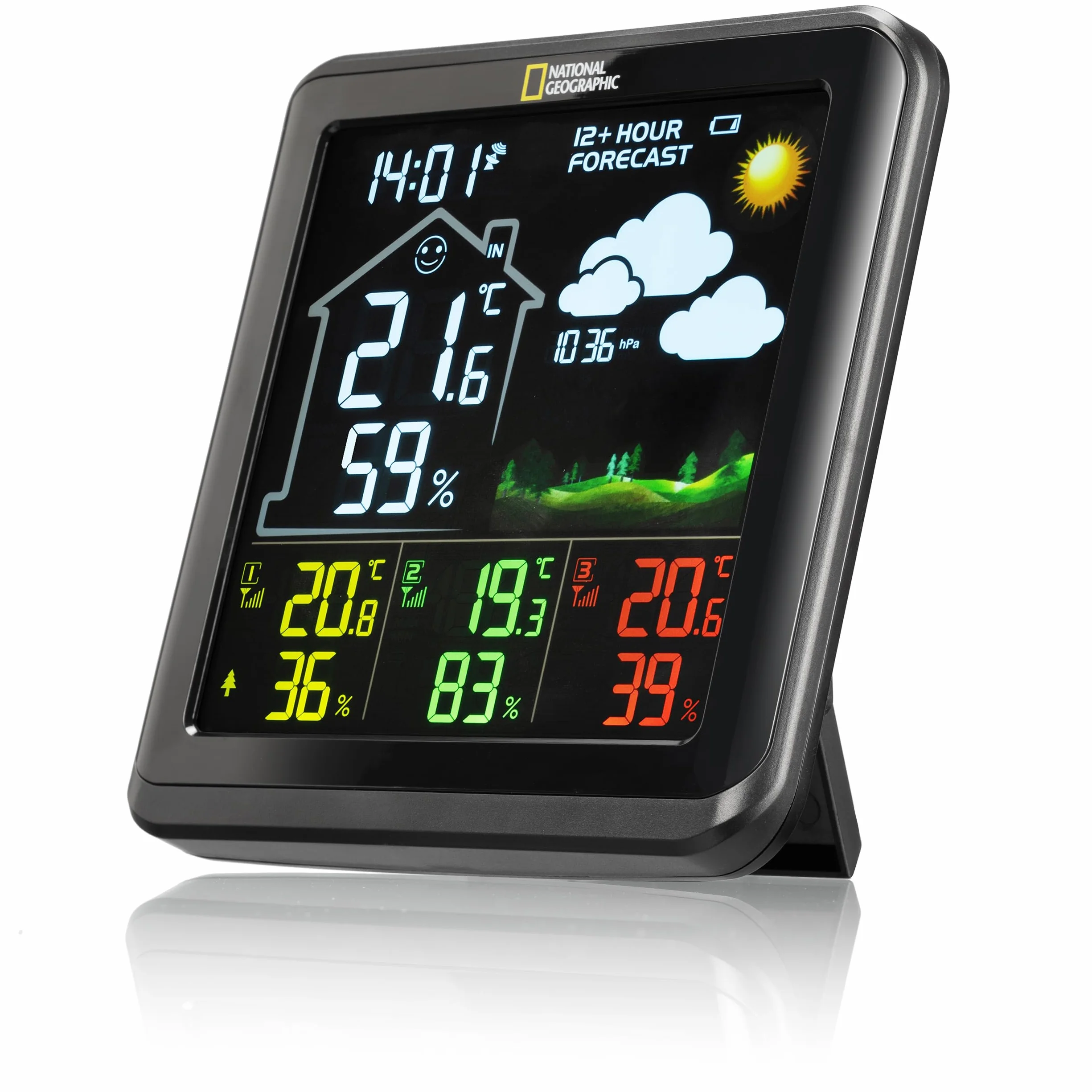 National Geographic 9070710 Wetterstation Funk mit Aussensensor VA Farb-Wetterstation mit 4 Messbereichen für Innen oder Außen, schwarz