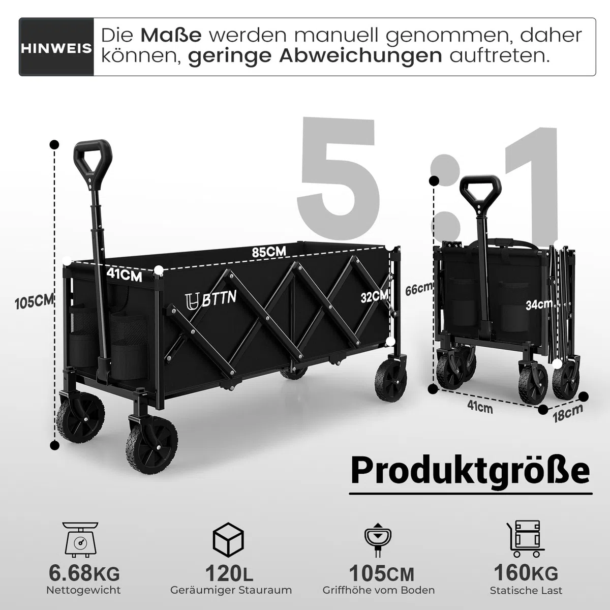BTTN 120L Klappbarer Bollerwagen, 160kg (350LBS) Traglast Handwagen Faltbar mit Leisen Rädern, Bollerwagen für Garten, Camping, Einkaufen & Picknick, Faltbar Transportwagen mit Stabil Rädern, Schwarz