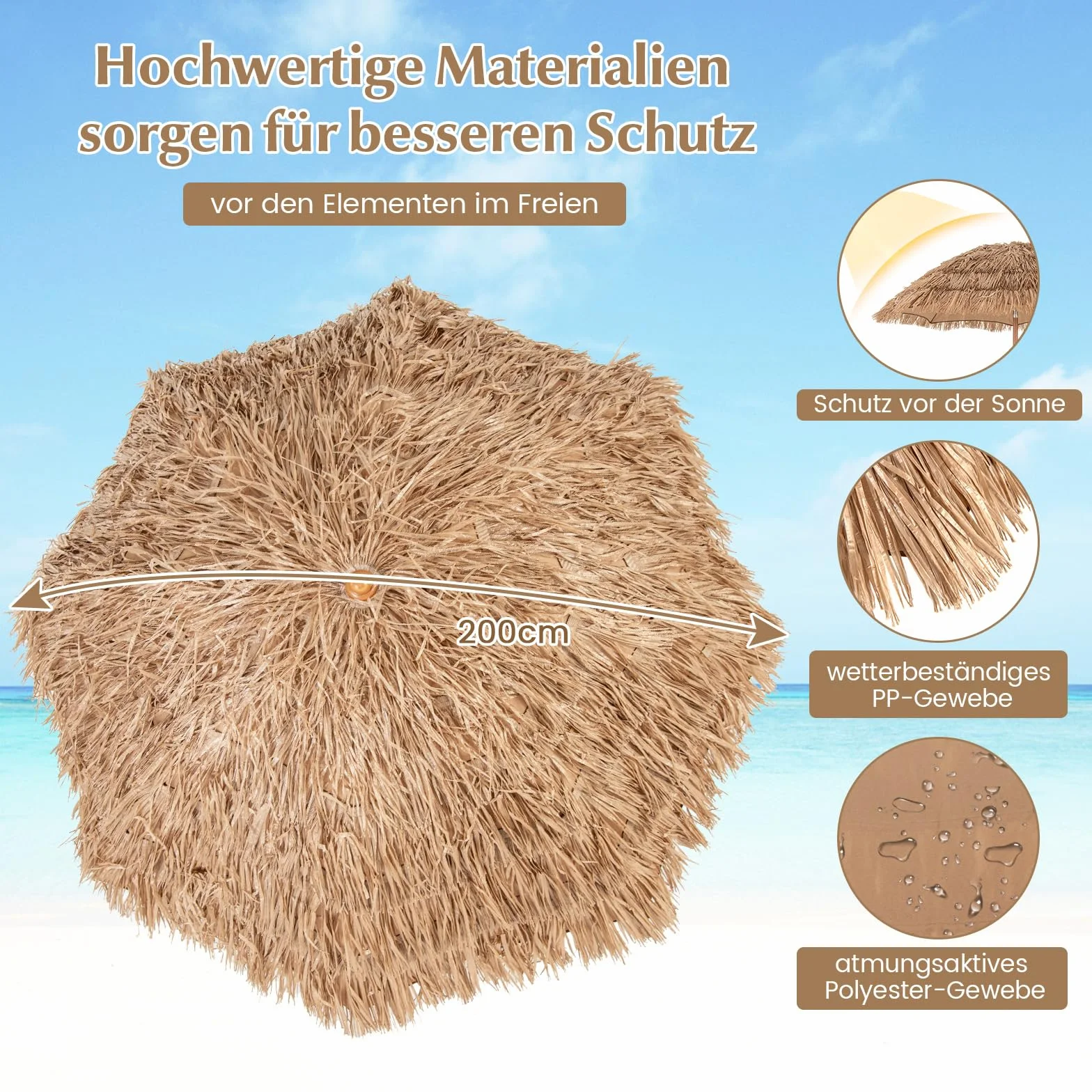 COSTWAY Sonnenschirm Hawaii, Strohschirm mit klappbarem Ständer, Strandschirm Stroh neigbar, Gartenschirm, Marktschirm, Terrassenschirm mit Tragetasche für Garten, Strand, Pool