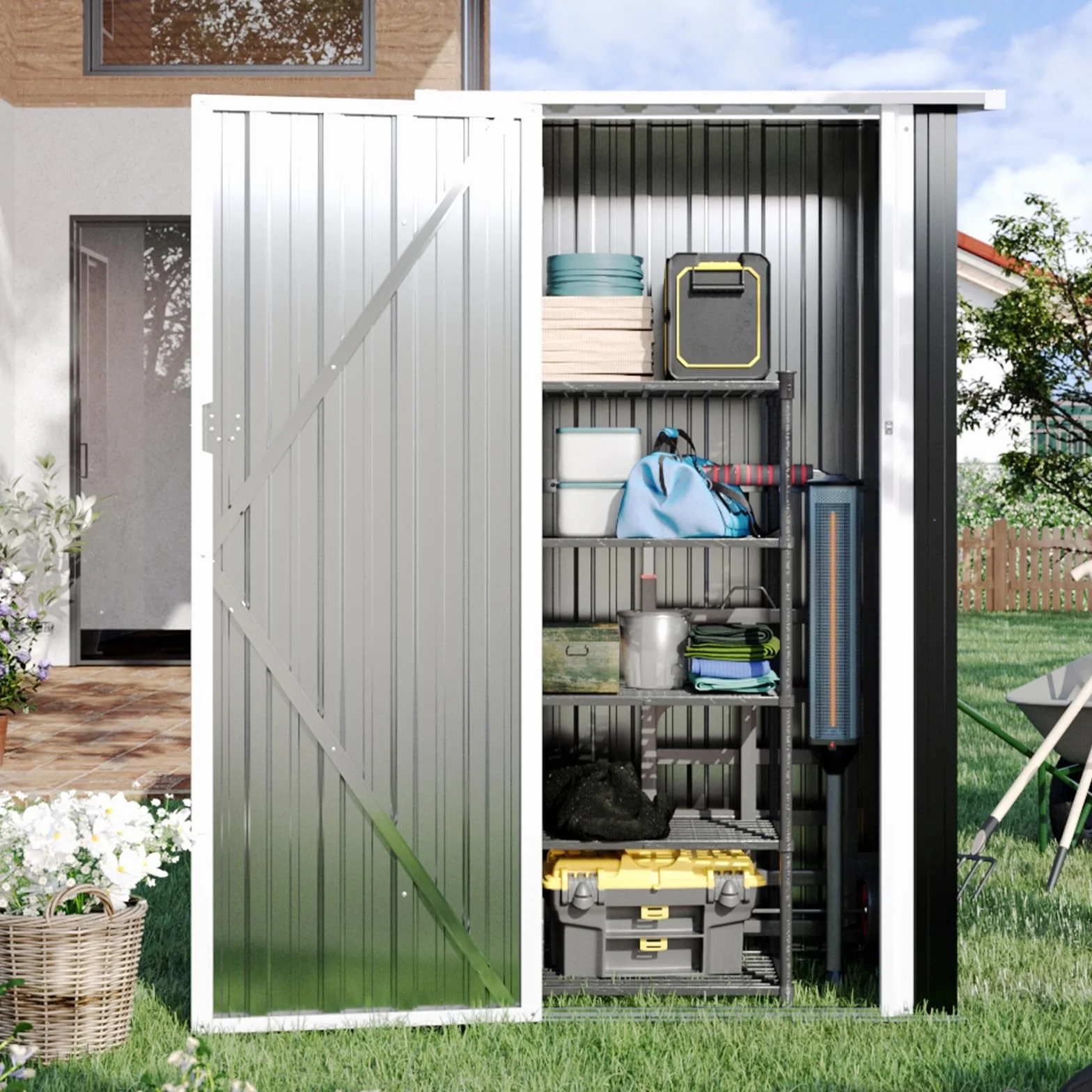 Aoxun Metall Gerätehaus 88x61x164cm Geräteschuppen mit Pultdach Stark & Rostfrei Abschließbarer Tür Gartenhaus Outdoor Garten Schuppen Schrank für Hinterhof Außenbereich Dunkelgrau,Schwarz