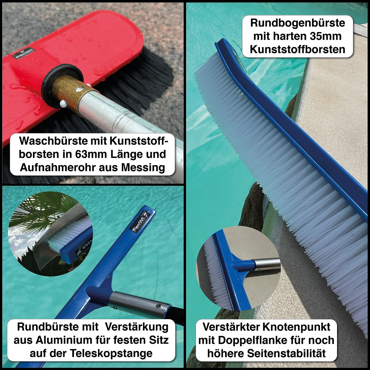 FenWi 6m Komplett Set zur Pool und Teich Reinigung und Pflege / 2X Kescher und 2X Bürste/Teleskopstange mit Oberflächenkescher Tiefenkescher Poolbürste Teichbürste