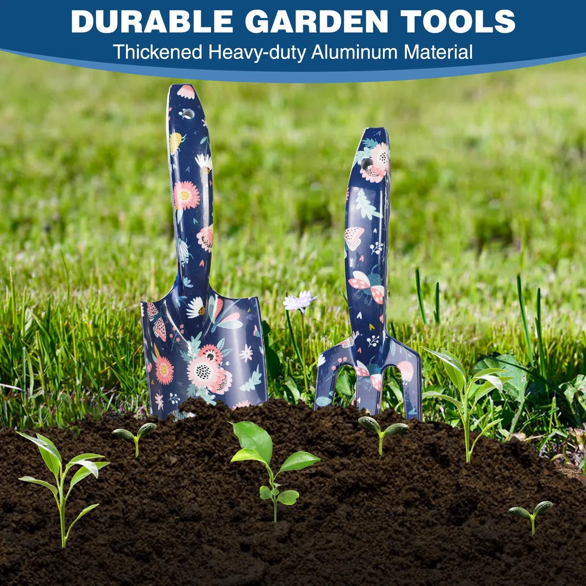 WORKPRO Aluminium-Gartenwerkzeug-Set, 4-teilig, robuste Handwerkzeuge mit Box, inklusive Kelle, Rechen, Gartenschere, Gartenhandschuhe, Blumen- und Insektendruck, Gartengeschenke