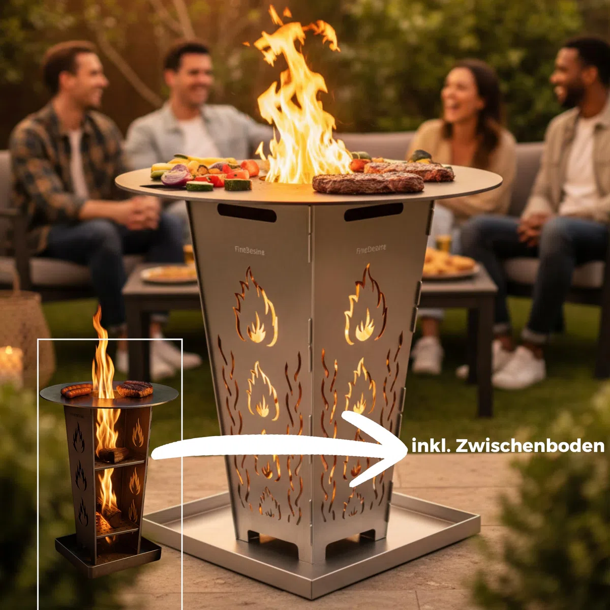 FireDesire Grill Pro Feuerkorb 80cm + Grillplatte + Ascheschale, Feuertonne, Feuerschale, Grilltonne, Ofen, Terassenofen, Grill, Stahlkorb, Plancha, Gartenfeuer