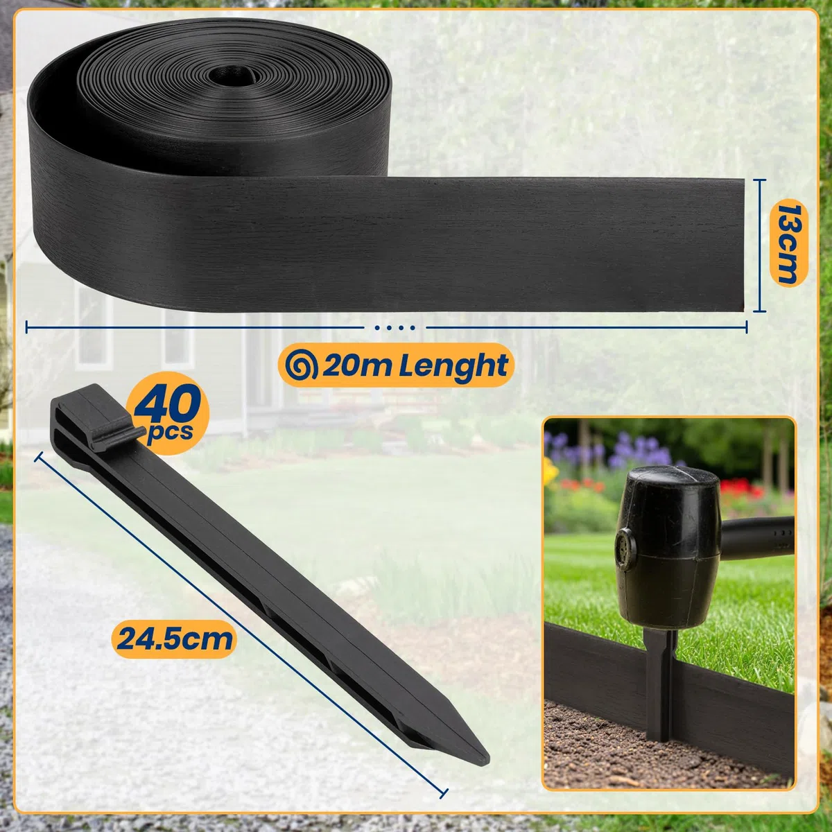 Velway Flexible Rasenkante Kunststoff, Länge 20m Höhe 13cm, mit 40 Erdanker, Schwarz – Beeteinfassung, Beetbegrenzung, Rasenbegrenzung für Garten & Wege