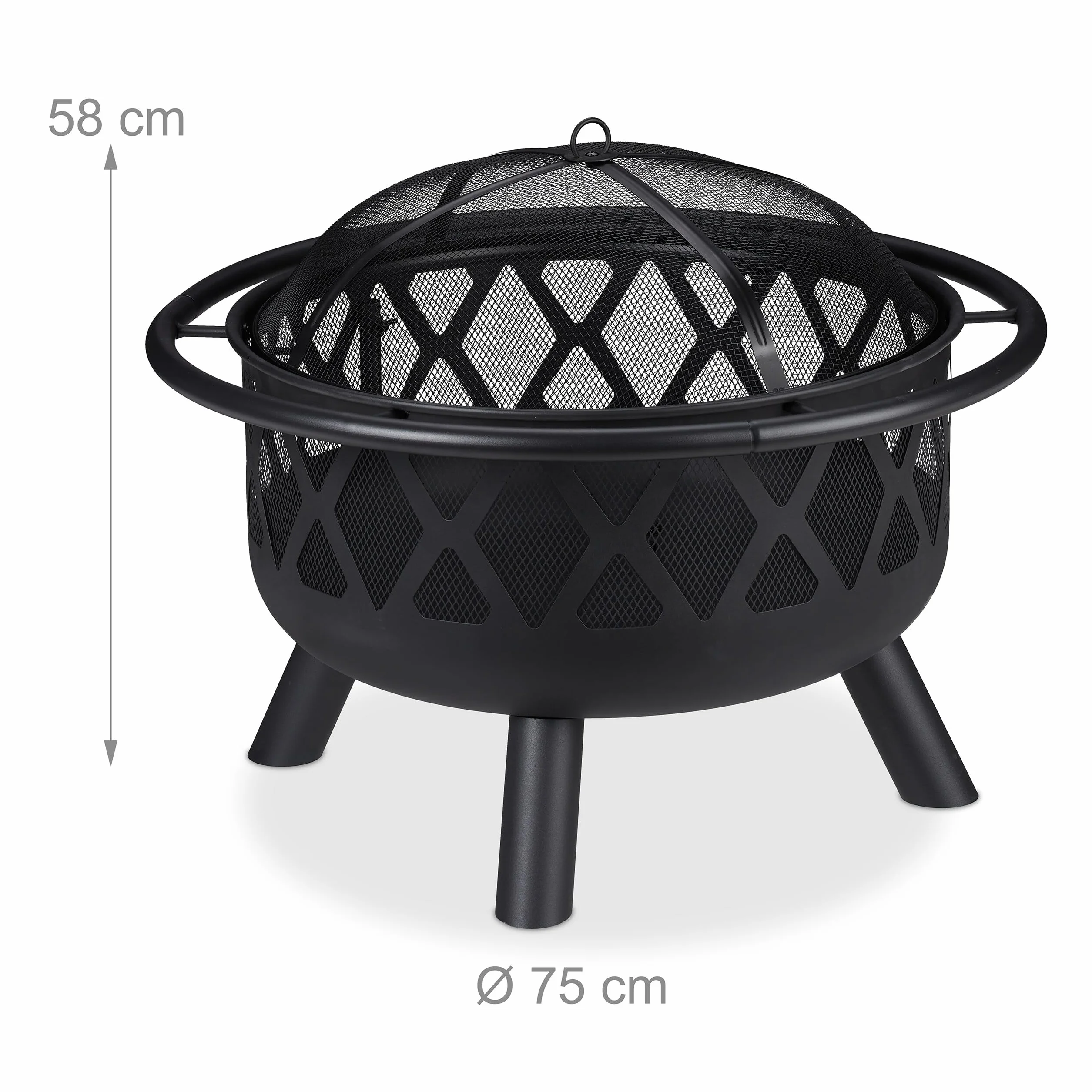 Relaxdays Feuerschale mit Grillrost, Funkenschutz & Schürhaken, Ø 75 cm, Stahl, Feuerstelle Garten & Terrasse, schwarz, 68.5 x 75 x 75 cm