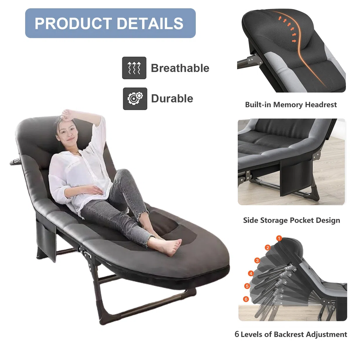 Sonnenliege Klappbar Liegestuhl, 6-Fach Verstellbar Klappbare Gartenliege Campingliege mit Seitentasche, Feldbett Campingbett mit Matratze, Outdoor Liege für Balkon Garten Camping (Schwarz)