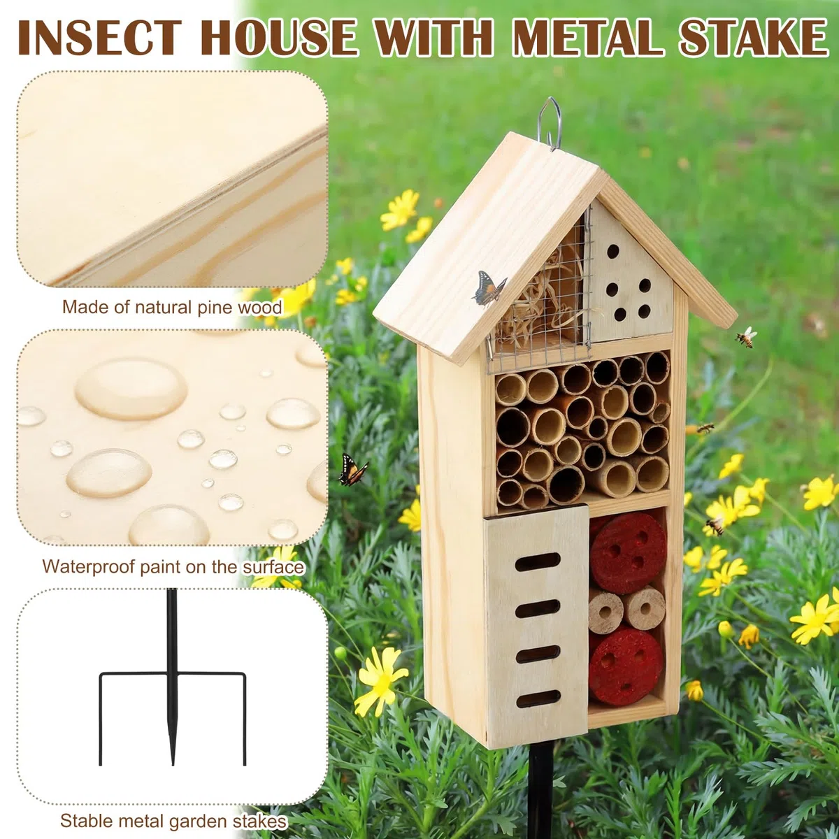 Novabright Insektenhaus aus Holz mit Metallpfahl Insektenhotel Bienenhaus Natur Käfer Lebensraum für Biene Schmetterling Marienkäfer Nützlich Käfer Outdoor Garten Hinterhof