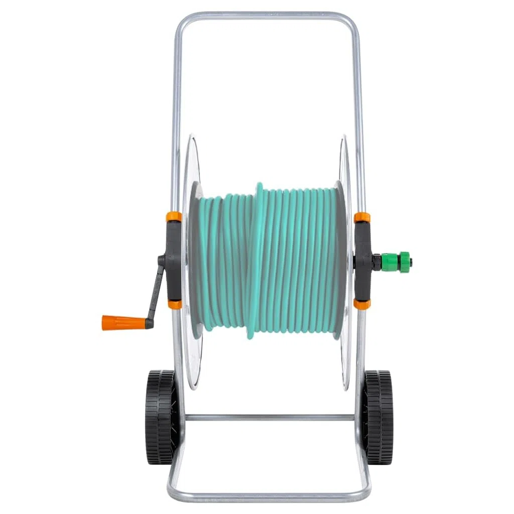 Verzinkter Stahl Schlauchwagen für 110 m 1/2" oder 80 m 3/4" Schlauch, mit langem Griff und Rädern für einfache Bewegung, abgewinkelter Anschluss verhindert Verdrehen