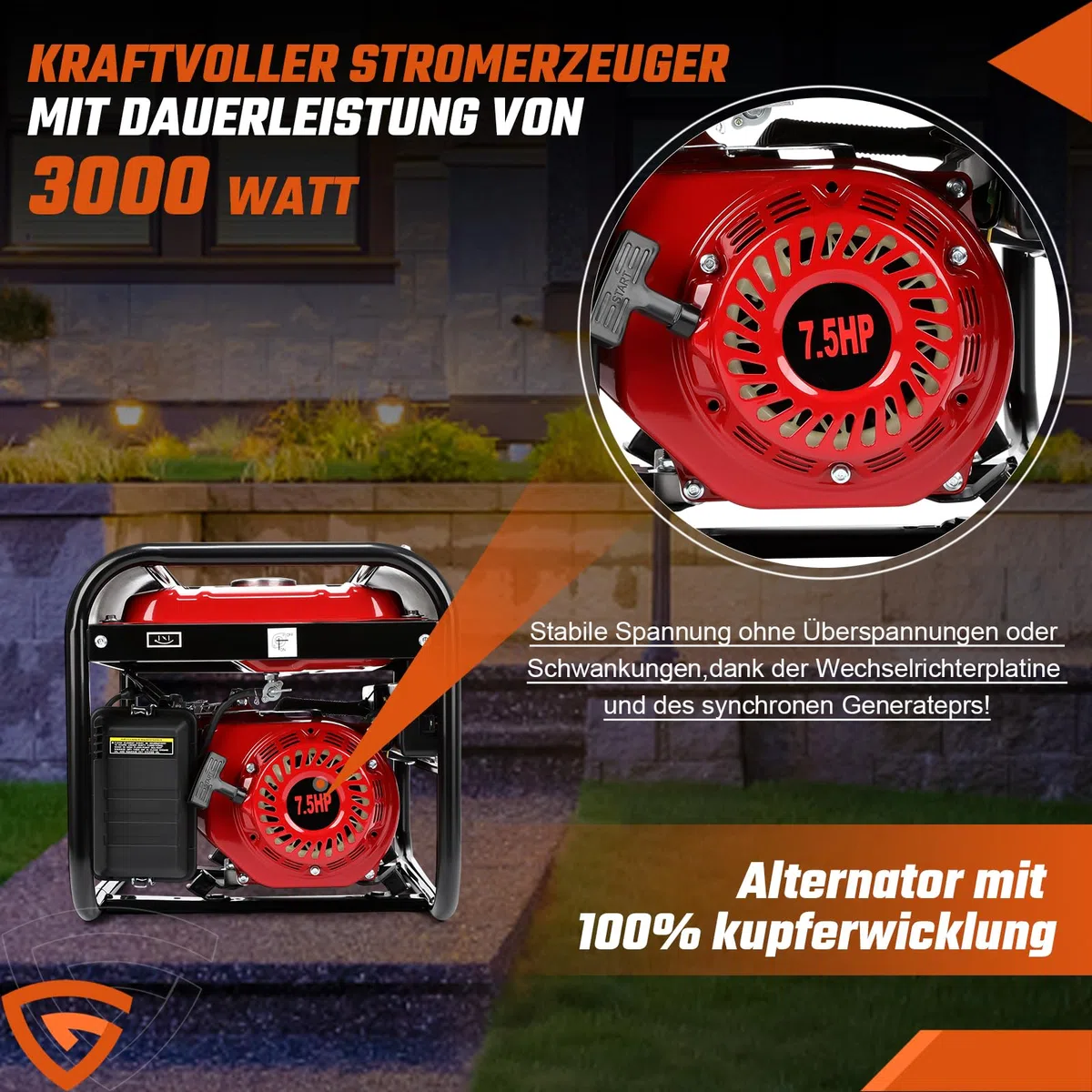 Stromgenerator Benzin 7,5 PS 3000W Dauerleistung 6500W Max Notstromaggregat 4-Takt OHV Motor mit AVR, 15L Tank, 3x 230V Steckdosen, Tragbar Leise für Haus Garage Werkstatt Baustelle