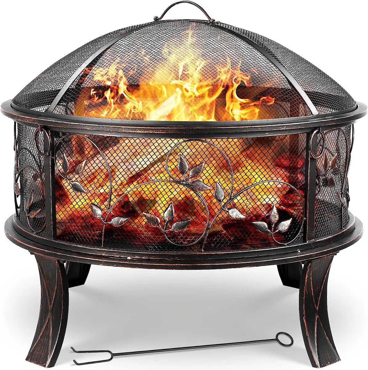 TLGREEN Feuerschalen, Feuerschale mit Funkenschutz, Feuerkorb Ø71x65cm | Feuerkorb Retro-Look mit Poker & Kohlerost & 4PCS Füße, Feuerstelle für Garten, Camping, Strand, Exquisites Blumen Grasmuster