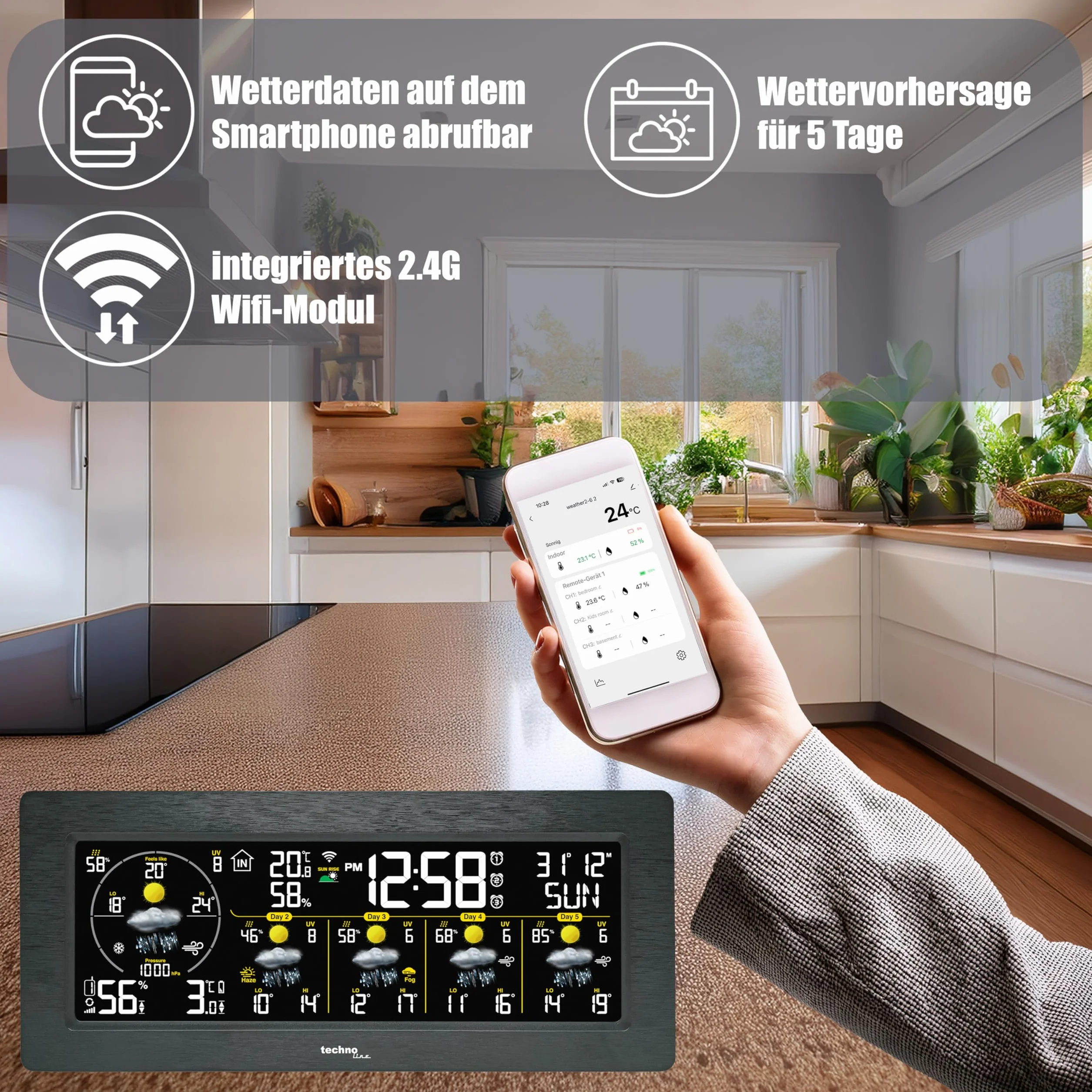 techno line WD 3050 WLAN Wetterstation mit Außensensor | 5-Tage-Wettervorhersage | Farbdisplay | Innen-/Außentemperatur | Luftfeuchtigkeit | UV-Index | App-Steuerung | 3 Alarme
