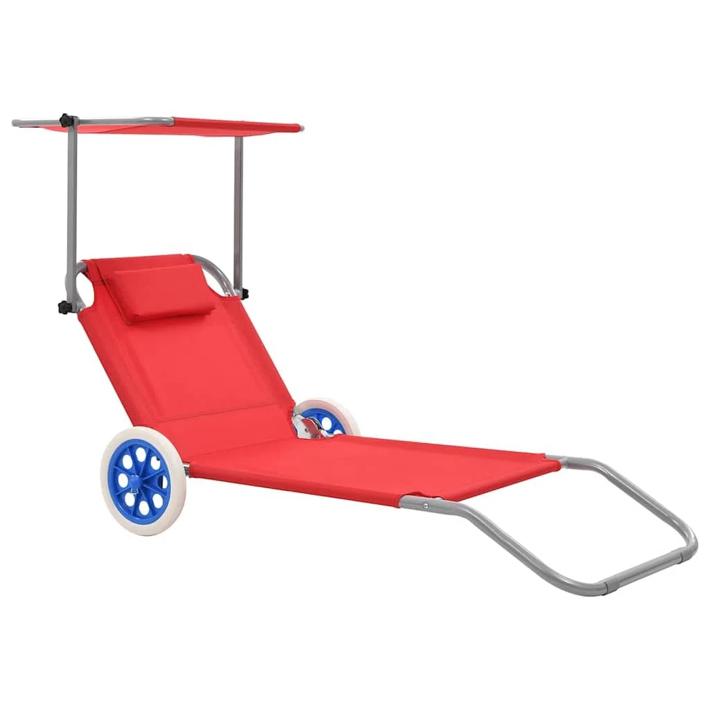 Klappbare Sonnenliege mit verstellbarem Dach, Rädern und Kopfkissen – Stahlgestell pulverbeschichtet, Polyester-Liegefläche rot, bis 110 kg belastbar, für Garten und Strand