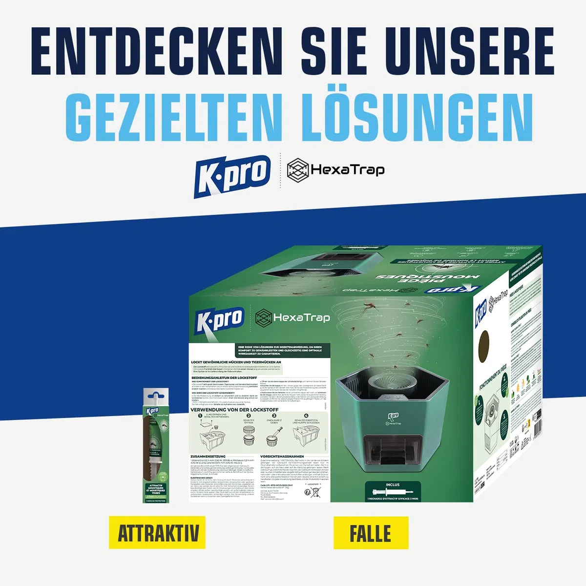 K.PRO Elektrische Mückenfalle + 1 Lockstoff-Spritze | Mücken und Tigermücken, lockt und fängt ein, Hexatrap, 3 Monate Ruhe, Verwendung im Freien, leise und geruchlos