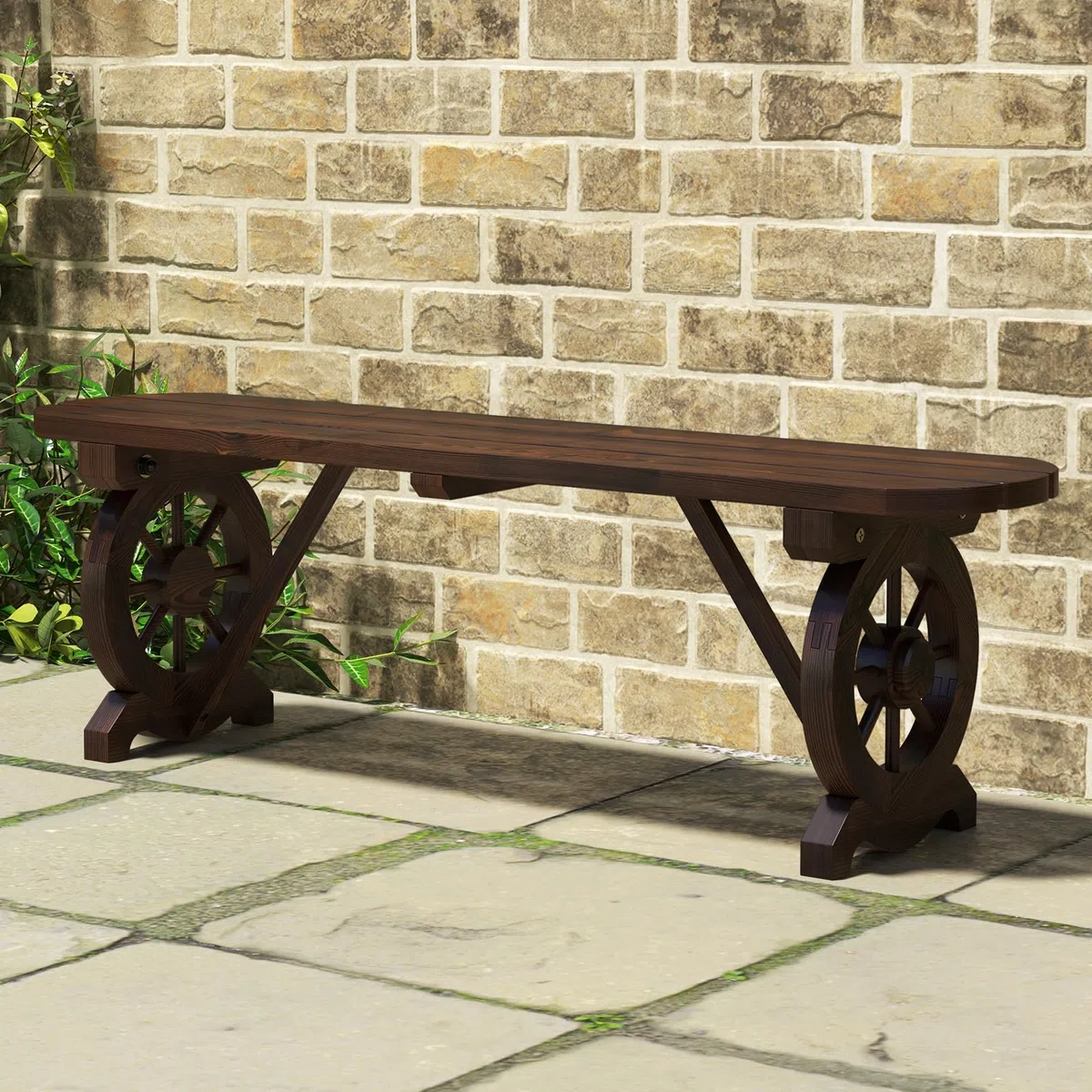 COSTWAY Gartenbank ohne Rückenlehne, wetterfeste Sitzbank, Holzbank für 2-3 Sitzer bis 325 kg belastbar, Terrassenbank aus Holz, Parkbank im Wagenrad-Design für Garten, Balkon, 113 x 28 x 37 cm