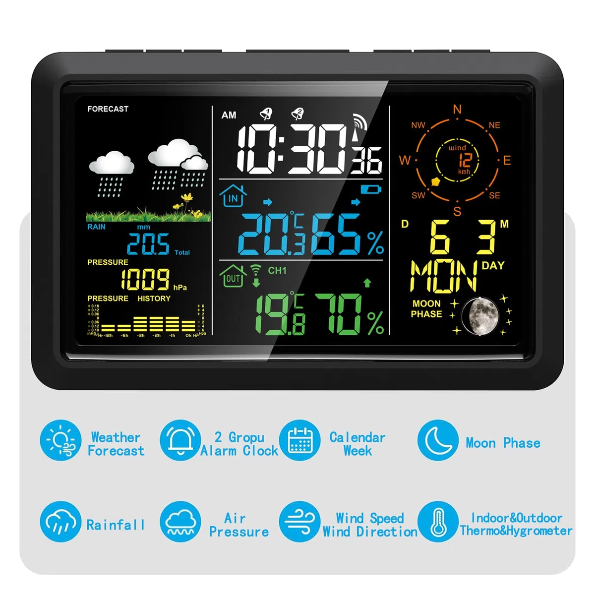 Wetterstation mit Außensensor Innen-/Außenthermometer mit 7,5-Zoll-VA-LCD-Bildschirm Wettervorhersage Temperatur Luftfeuchtigkeit Luftdruck Windgeschwindigkeit und -richtung Mondphase