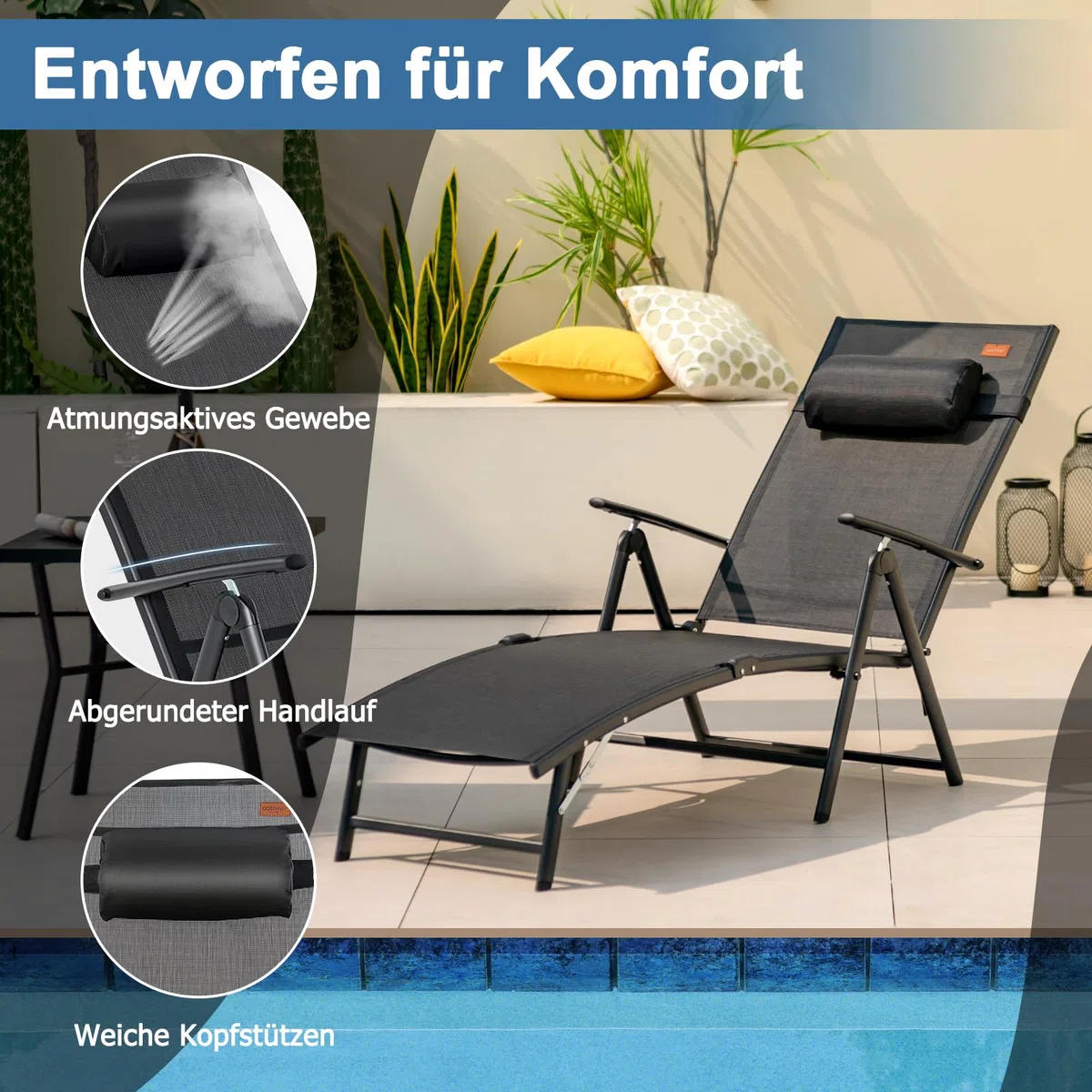 COSTWAY Sonnenliege klappbar, Gartenliege mit Kopfstütze, Armlehnen und 7 verstellbaren Rückenlehnen, Klappliege bis 150 kg belastbar, tragbarer Liegestuhl für Garten, Terrasse, Balkon, Schwarz