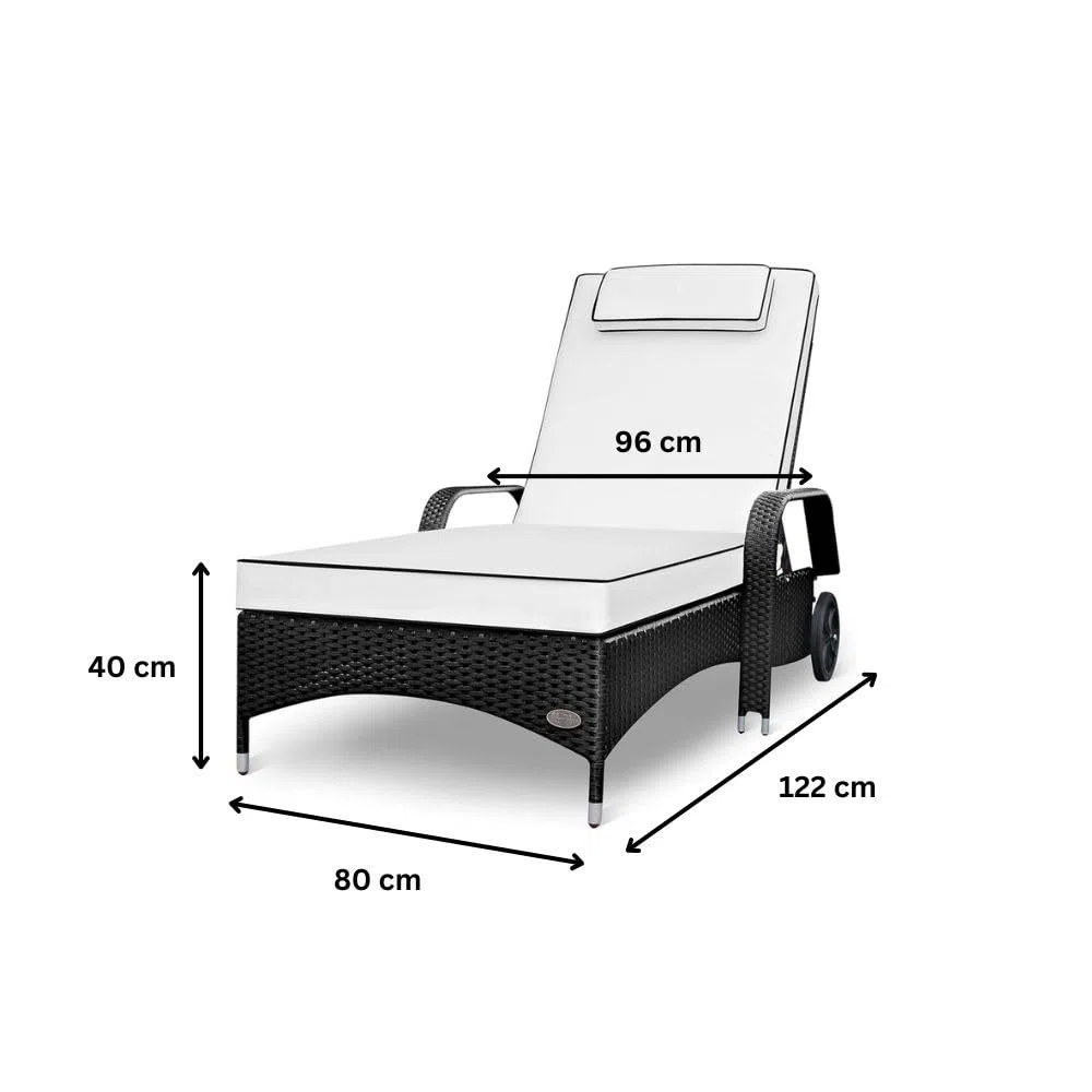 RS Trade Sonnenliege Gartenliege Wetterfest Rattan – XXL Relaxliege extra breit mit Rollen & Armlehnen, Verstellbar, bis 200kg, Outdoor Liege für Garten, Terrasse & Balkon, schwarz mit weißer Auflage