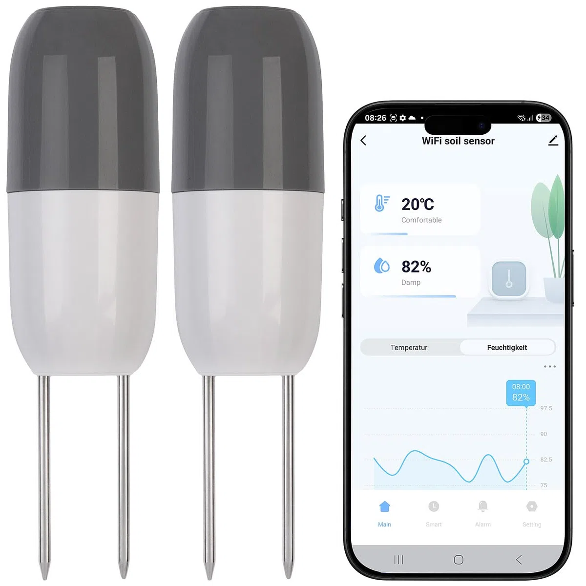 Royal Gardineer WLAN Pflanzen Sensoren: 2er-Set Smarter WLAN-Bodenfeuchtigkeits- & Temperaratursensor, App (Pflanzen Feuchtigkeit Sensoren, Pflanzenpflege)