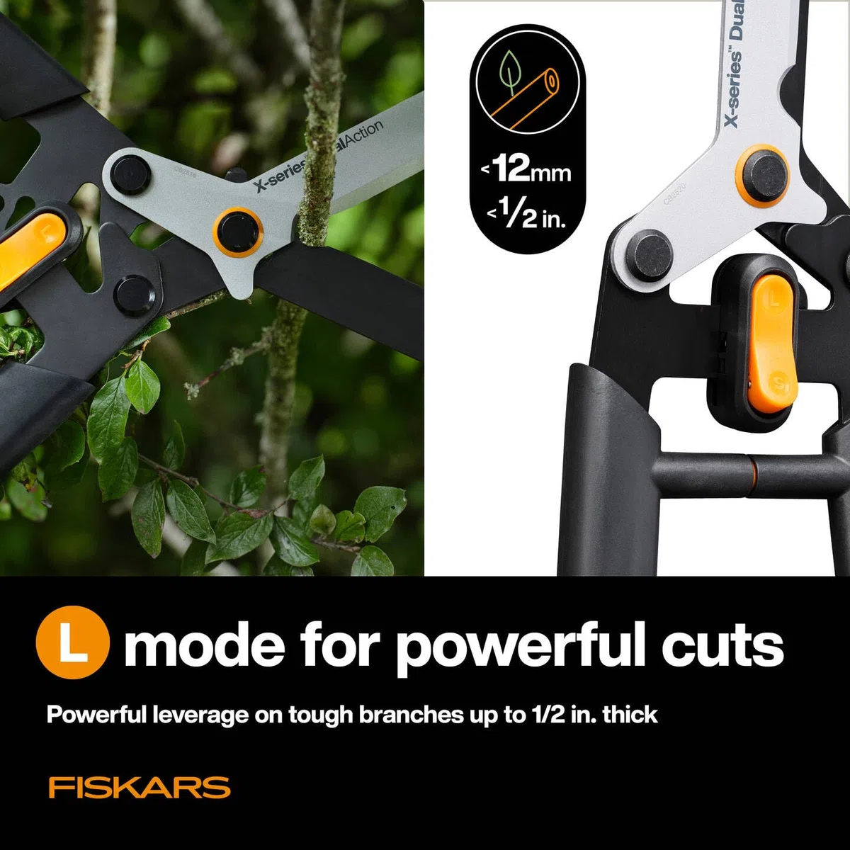 Fiskars X-series DualAction Heckenschere HSX96, 2-in-1-Modus für schnelle oder kraftvolle Schnitte, Antihaftbeschichtete Stahlklingen/FiberComp-Griffe, Schwarz/Orange, 1080134