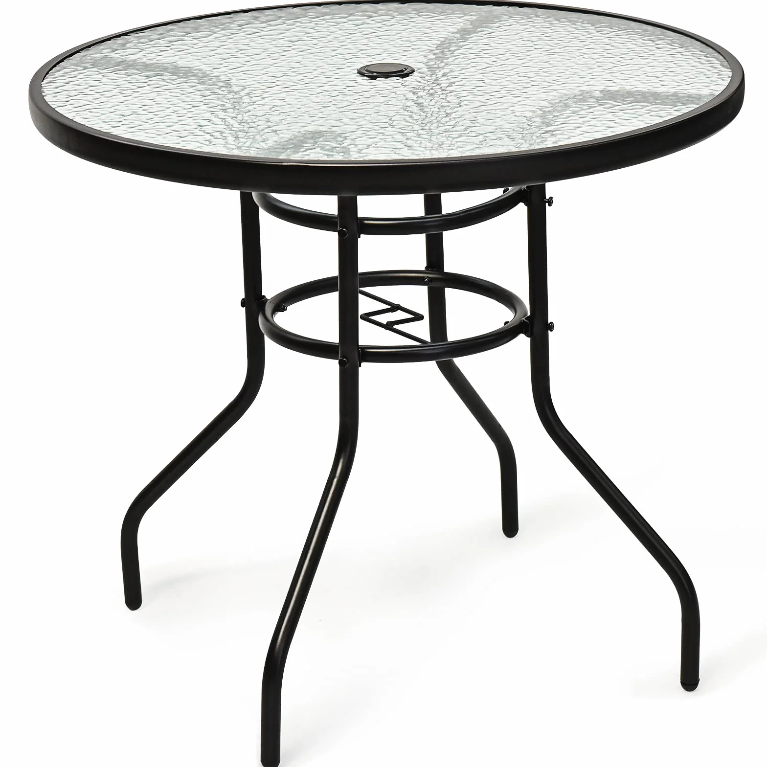 GOPLUS Gartentisch mit Schirmloch, Balkontisch mit Glasplatte & Metallrahmen, Terrassentisch Beistelltisch Bistrotisch Glastisch Esstisch für Garten & Terrasse (Rund)