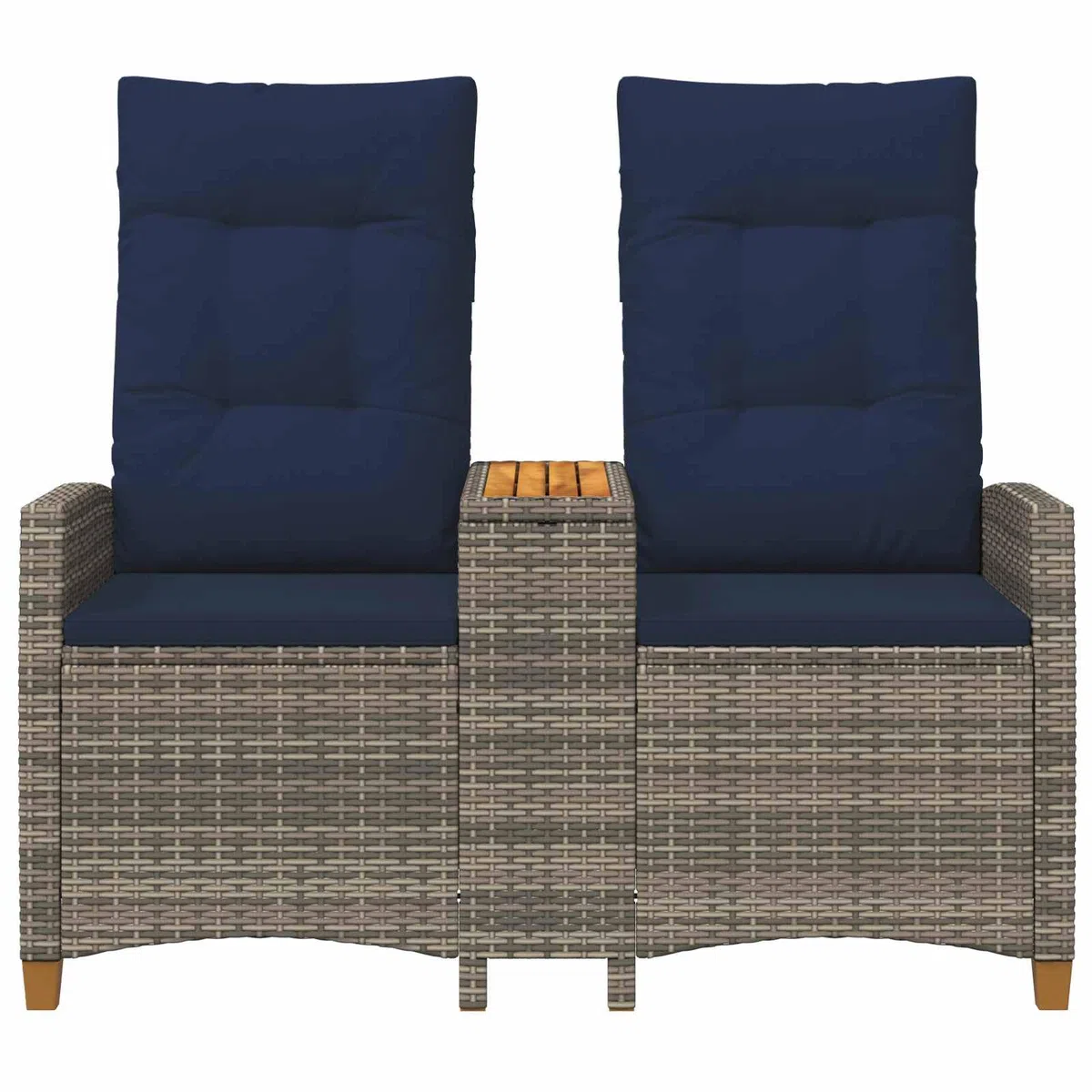 Gartenbank mit integriertem Tisch, Rattan-Liegebank mit verstellbarer Rückenlehne, Outdoor-Sitzbank aus Poly-Rattan mit Stahlrahmen, für Garten & Terrasse, Grau & Marineblau, 126 x 65 x 112 cm