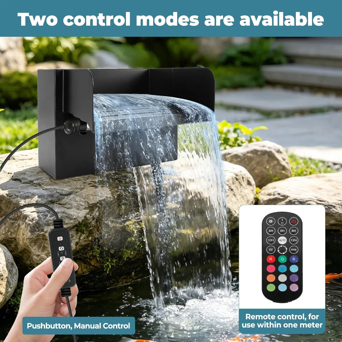 Teich Wasserfall Spillway 20cm Schwarze Edelstahl Wasserfall Teichfilter für Gartenteich Teich 45W 3000L/H with Pumpe und LED Licht für Wasserspiel Patio Terrasse Wasserwand Koiteich Außen
