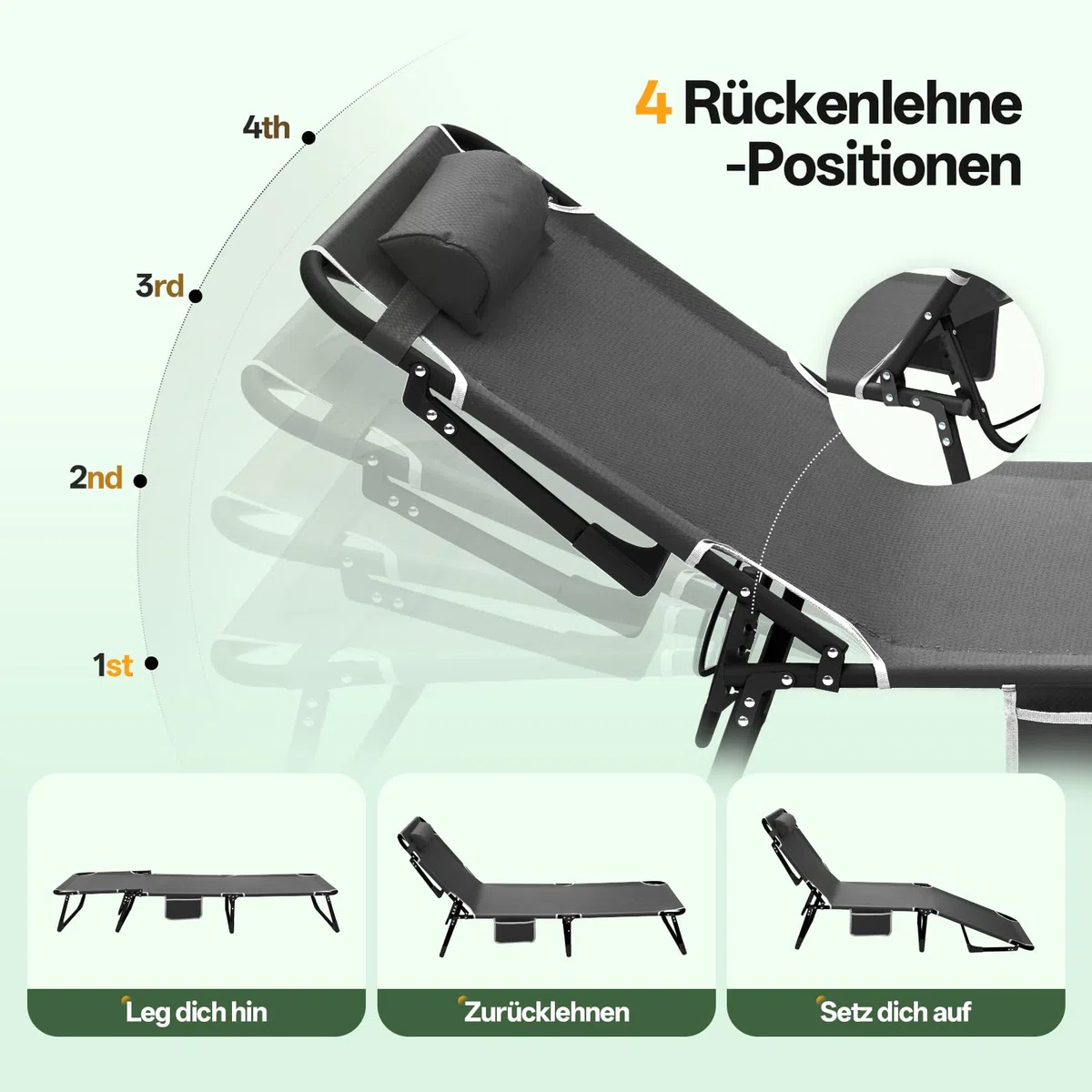 Warmiehomy Übergroße Campingbett, 5-Fach verstellbare Rückenlehne, Sonnenliege mit Matratze & Kissen bis 200 kg, Klappbares Bett, Angelstuhl, Campingbett für Garten, Strand, Sonnenbaden, Reisen, Grau