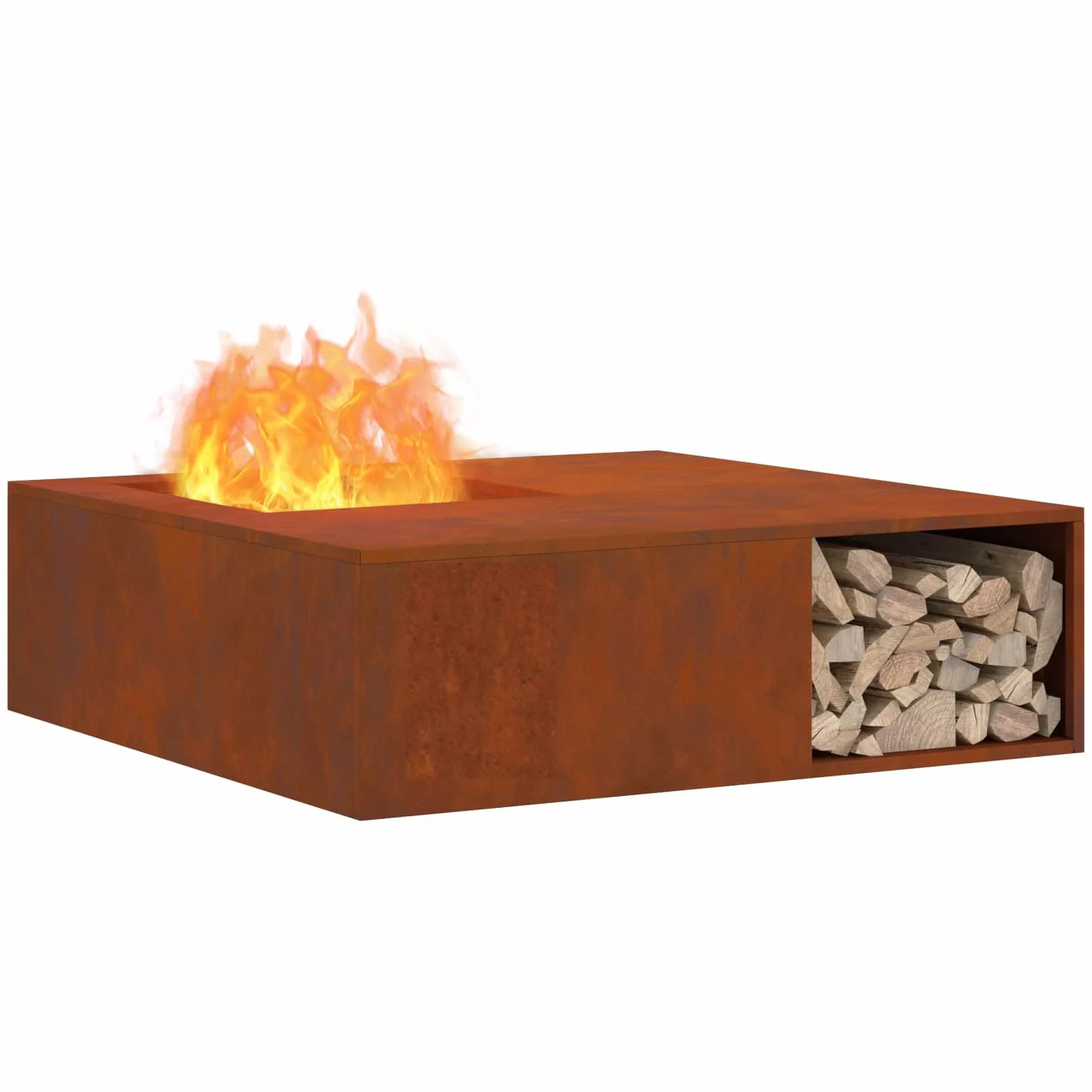 Feuerstelle Braun aus Wetterfeststahl 100 x 100 x 30 cm, quadratischer Kamin Ofen für Terrasse und Garten, langlebig, 600 Grad, 24 kg, Außenfeuerkorb für behagliche Abende