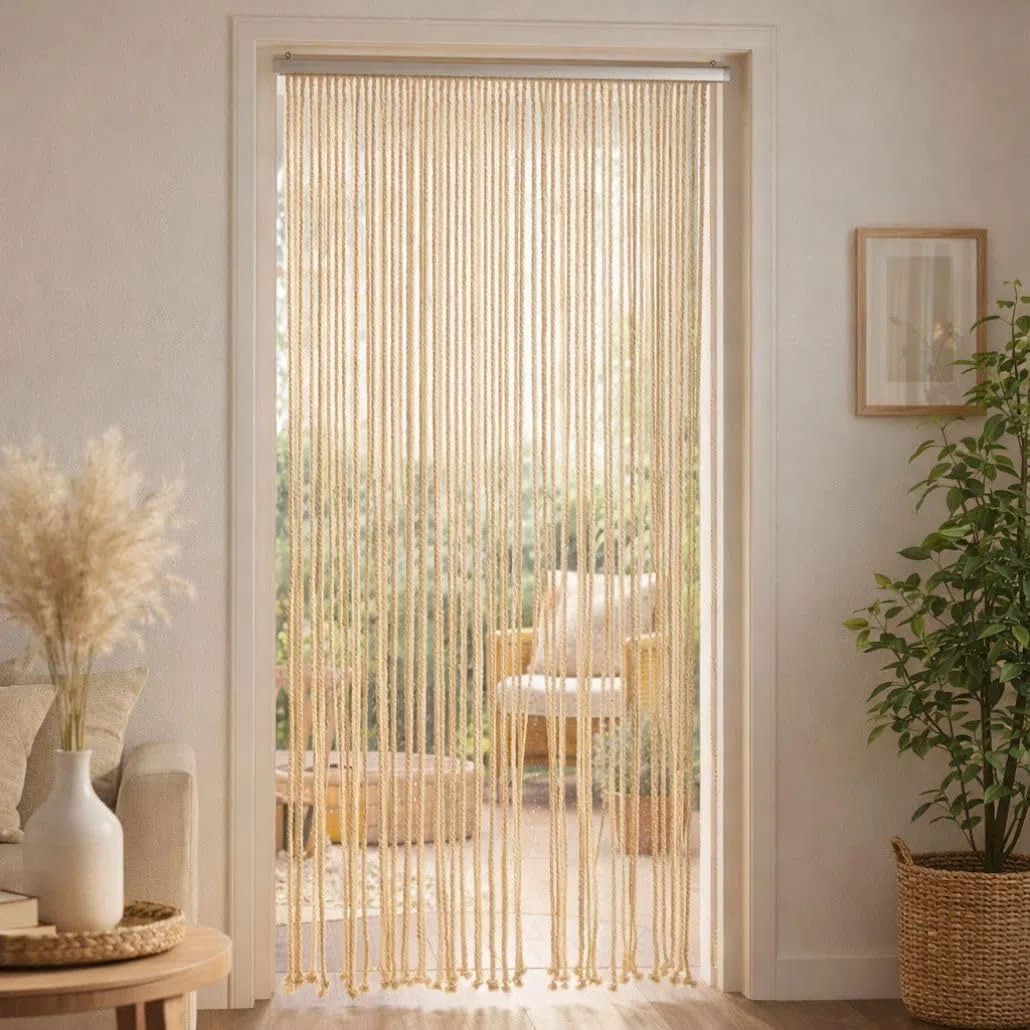 Kobolo Seilvorhang MARITIM 90x195/200cm beige, Türvorhang mit 54 Strängen je 1cm & Aluleiste, luftiger Fadenvorhang als Insektenschutz & Raumteiler, dekorativer Schnurvorhang, für Balkon und Terrasse