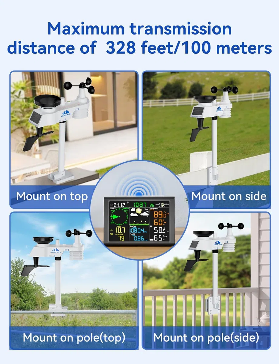 10-in-1 kabellose Wetterstation mit kabellosem Außensensor, Funkuhr, Regenmesser, Windgeschwindigkeit/Richtung, Mondphase, Barometer, Thermometer/Hygrometer, Wettervorhersage (kein WLAN)