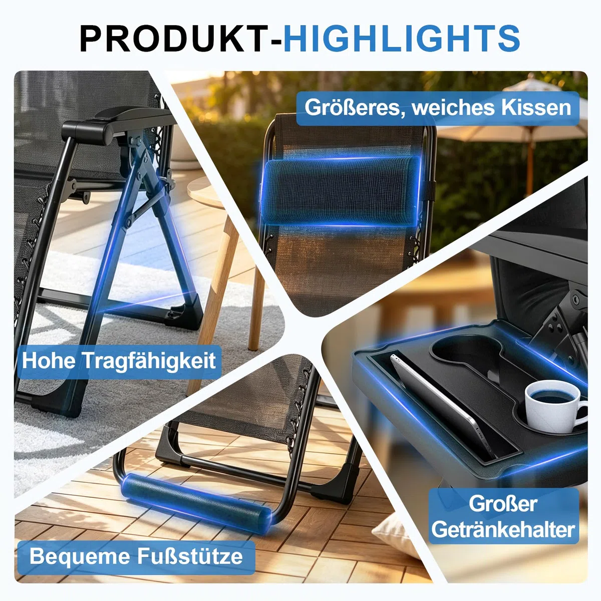 Liegestuhl klappbar, Deckchair,Gartenliege wetterfest,Outdoor Relaxsessel mit Liegefunktion,Verstellbare Rückenlehne, Nackenkissen,200 kg,Sonnenliege klappbar für Balkon,Strand,Pool (Schwarz,72 cm)