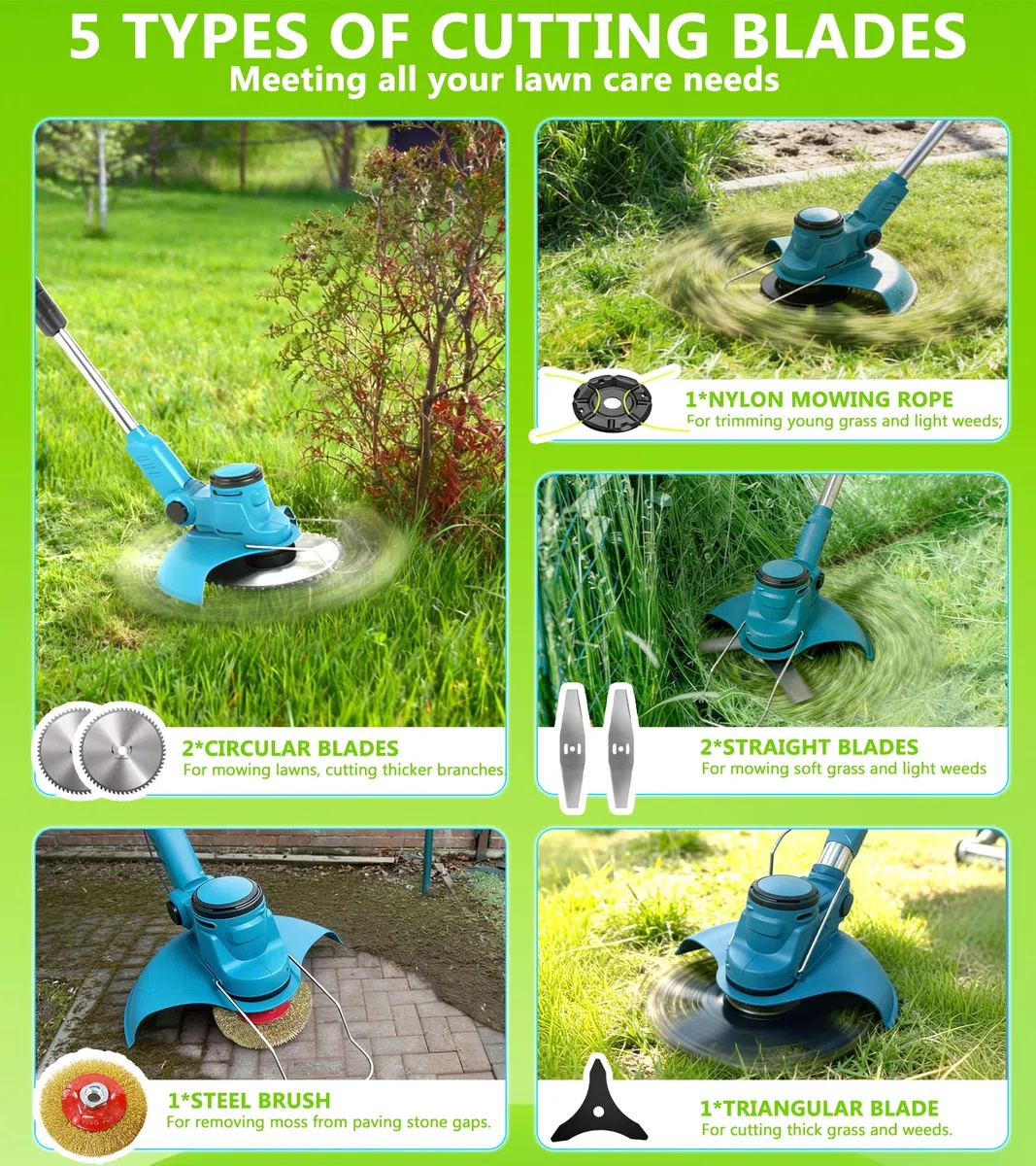 TOPALL Rasentrimmer mit Akku,Freischneider Akku mit 2X4.0Ah,Upgrade Rasentrimmer mit Bürstenloser Motor (1000W 20000U/min),5 Klingentypen Bürstenlose und Unkrautbürste für Gärten,Rasenflächen,Büsche