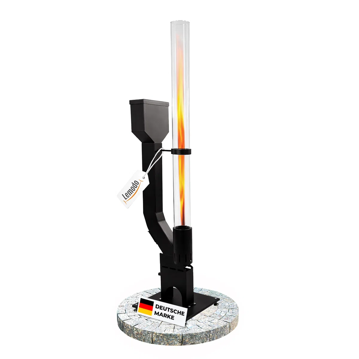 Lemodo Pelletfackel Prime XL, Feuersäule Outdoor mit Glasröhre, für Garten & Terrasse, für Holzpellets, stimmungsvolle Flamme, stilvoller Blickfang für gemütliche Abende (Prime XL)