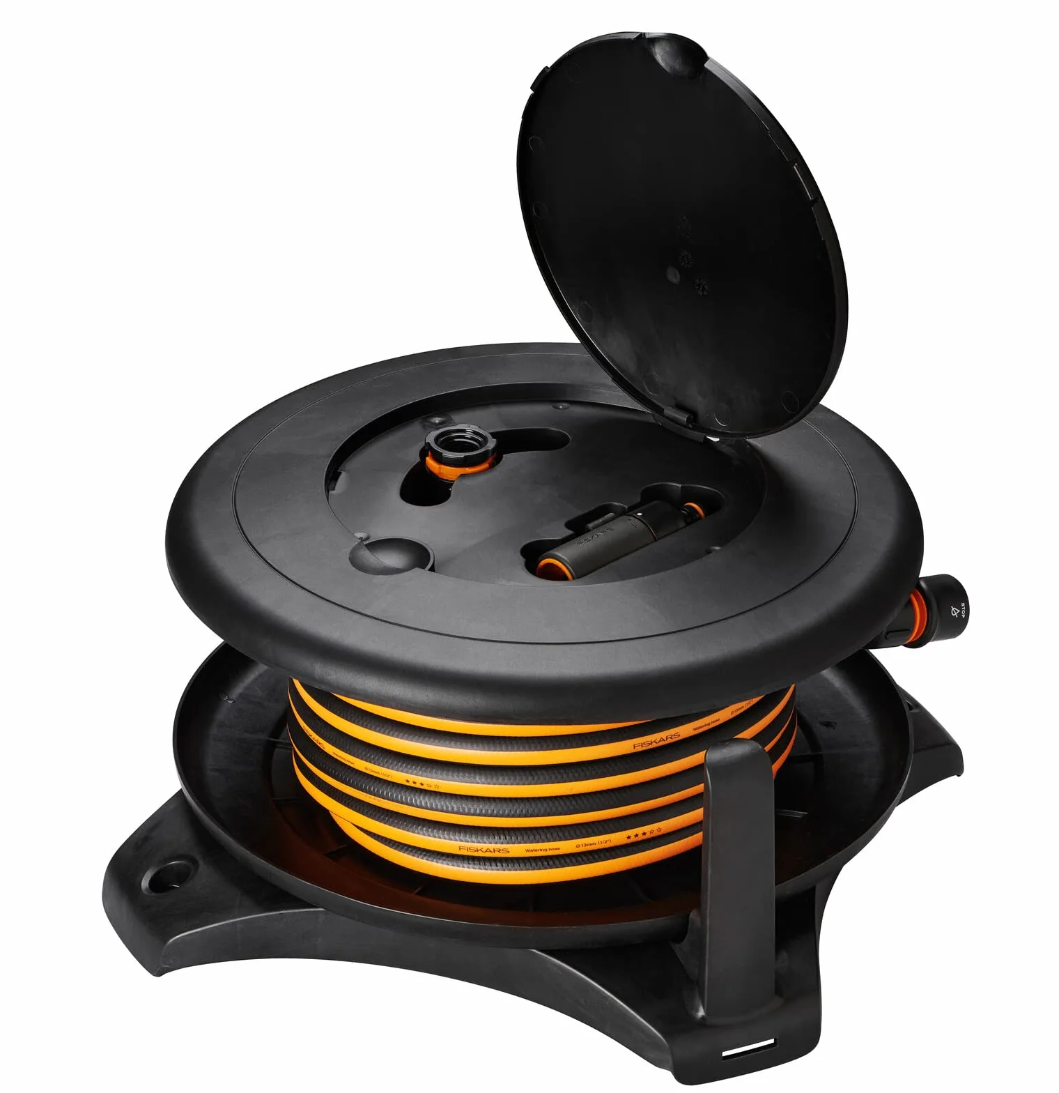 Fiskars Waterwheel L, Bewässerungs-Set, Gartenschlauch in Universalgröße (Ø 13 mm), Universal-Schlauchanschluss (Ø 13-15 mm), Universal-Hahnverbinder, Schlauchdüse, Schwarz/Orange/Blau, L