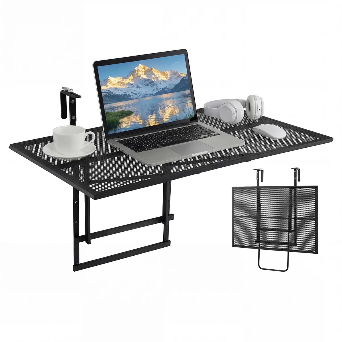 COSTWAY Balkontisch klappbar, 80x50 cm, Balkonhängetisch zum Einhängen, 5-Fach höhenverstellbar, Klapptisch aus Metall, rechteckiger Hängetisch für Balkon, 24 kg Tragfähigkeit, Schwarz