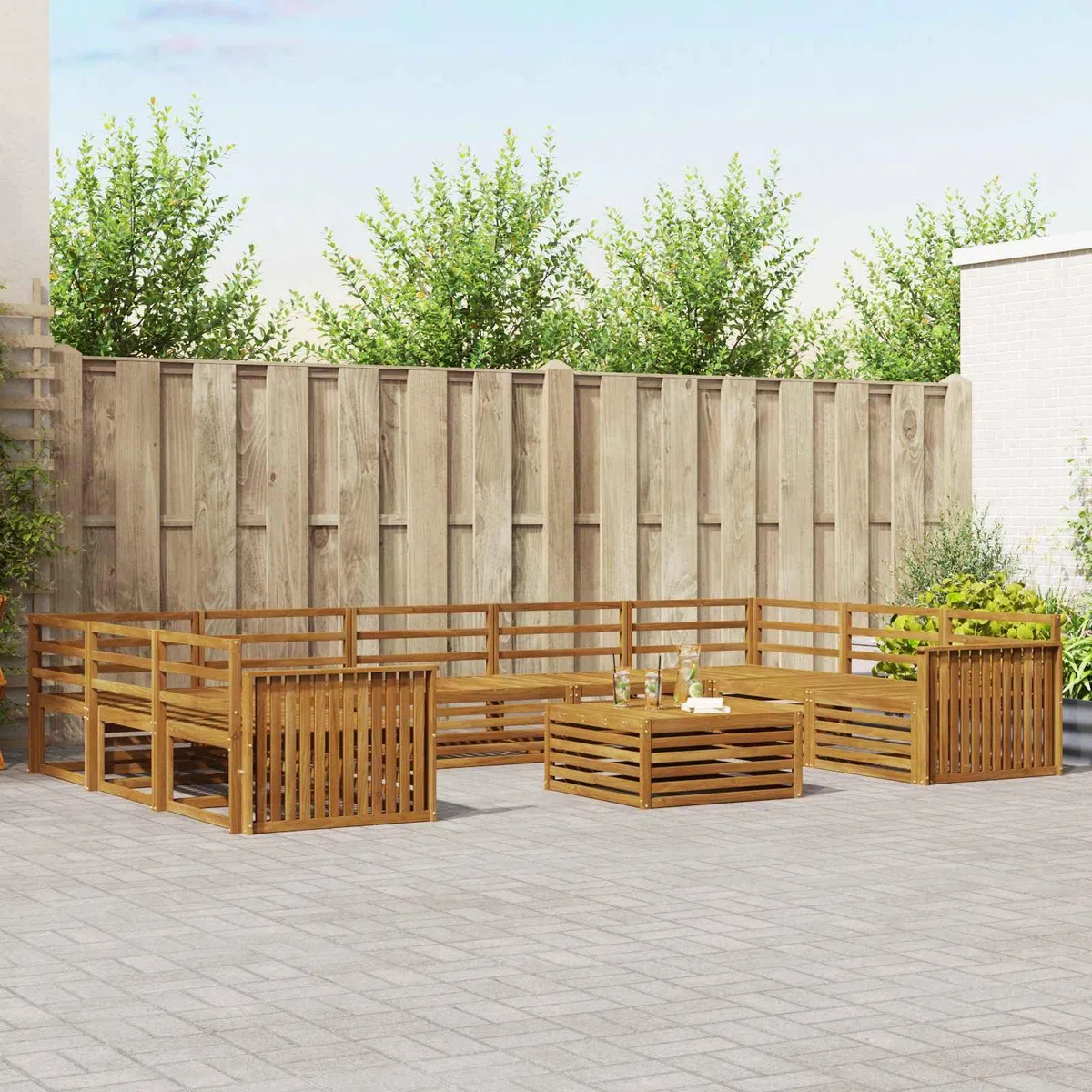 Gartenmöbelgarnitur 10-teilig aus massivem Akazienholz wetterfestes Outdoor-Set für Terrasse Balkon und Garten mit Tisch, Sofas und Stühlen für gesellige Zusammenkünfte, langlebige Design