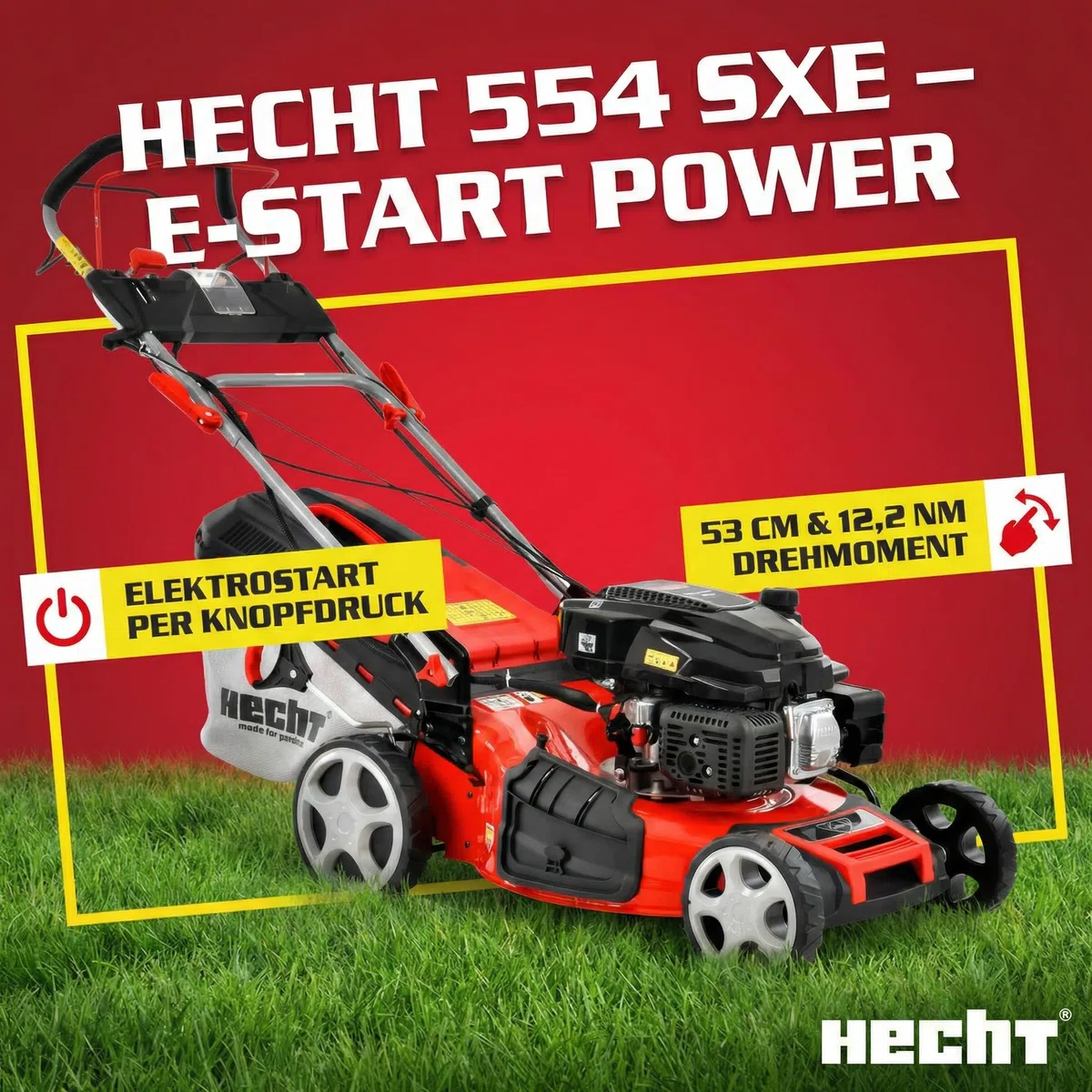 HECHT 5in1 Benzin Rasenmäher 6,0 PS – 53 cm mit Elektrostart & Radantrieb | 4-Takt Eco Motor mit 4,4 kW, 75 L Fangkorb, Mulchfunktion und Seitenauswurf – für Rasen & Garten
