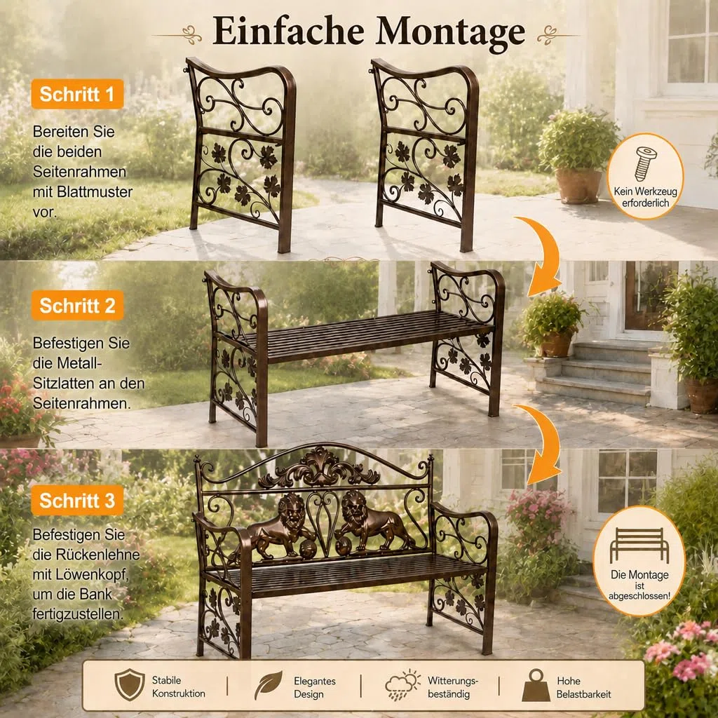 Gartenbank Metall, wetterfeste Parkbank, Ruhebank für 2-3 Personen, Vintage Sitzbank mit Löwen-Design und Rücken- & Armlehnen, für Garten, Balkon, Terrasse, Veranda & Hof – einfache Montage