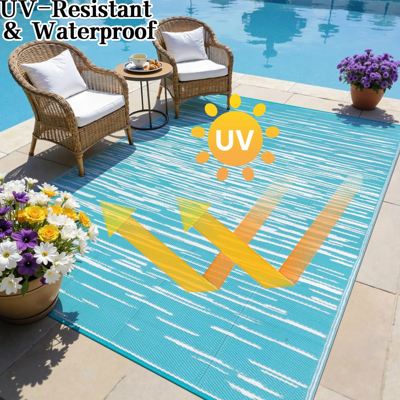 SHACOS Outdoor Teppich Wetterfest Türkis 180x270 cm Außenteppich Balko Teppich Waschbar Picknickdecke Wendbar UV-beständig Kunststoffteppich für Terrasse Camping Garten Pool