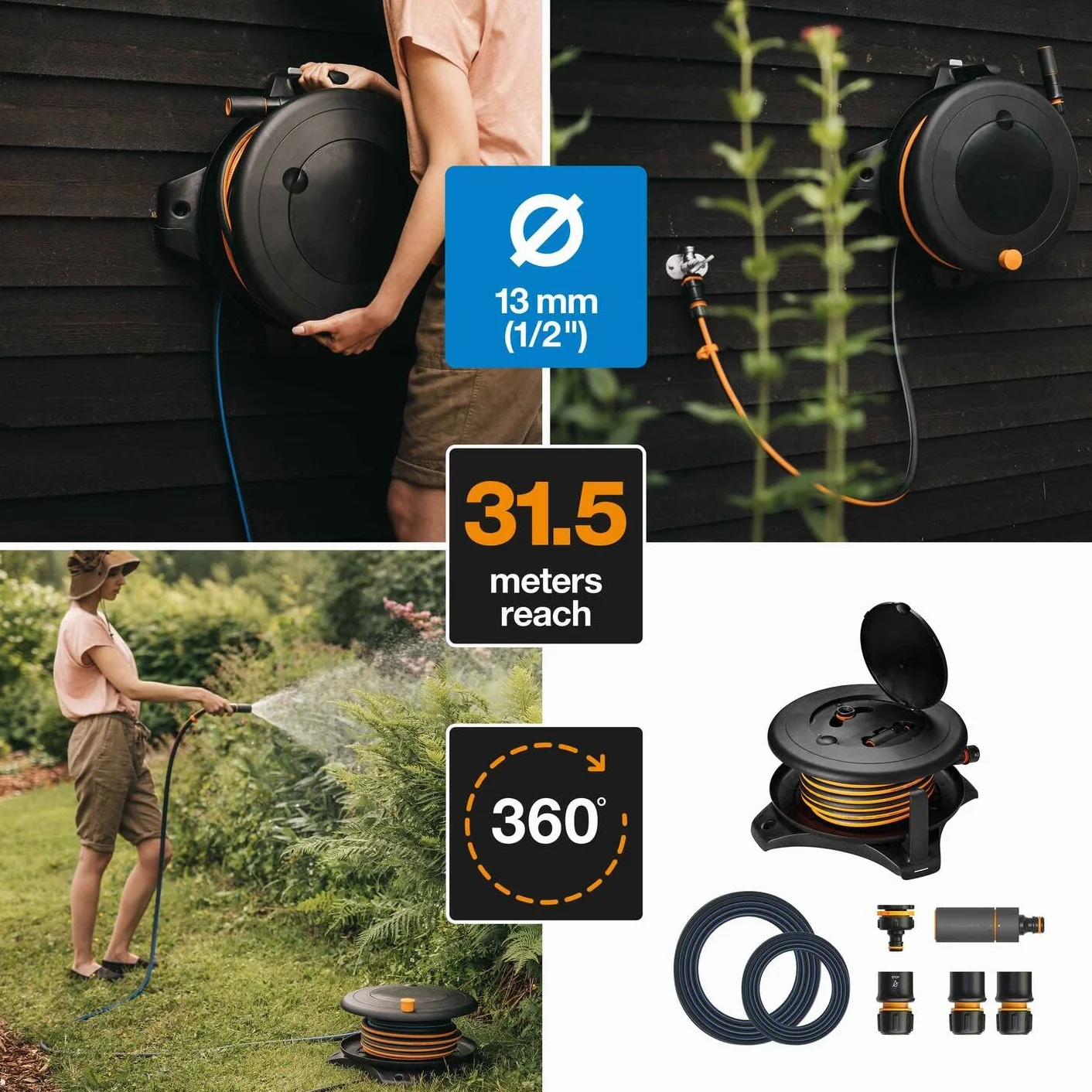 Fiskars Waterwheel L, Bewässerungs-Set, Gartenschlauch in Universalgröße (Ø 13 mm), Universal-Schlauchanschluss (Ø 13-15 mm), Universal-Hahnverbinder, Schlauchdüse, Schwarz/Orange/Blau, L