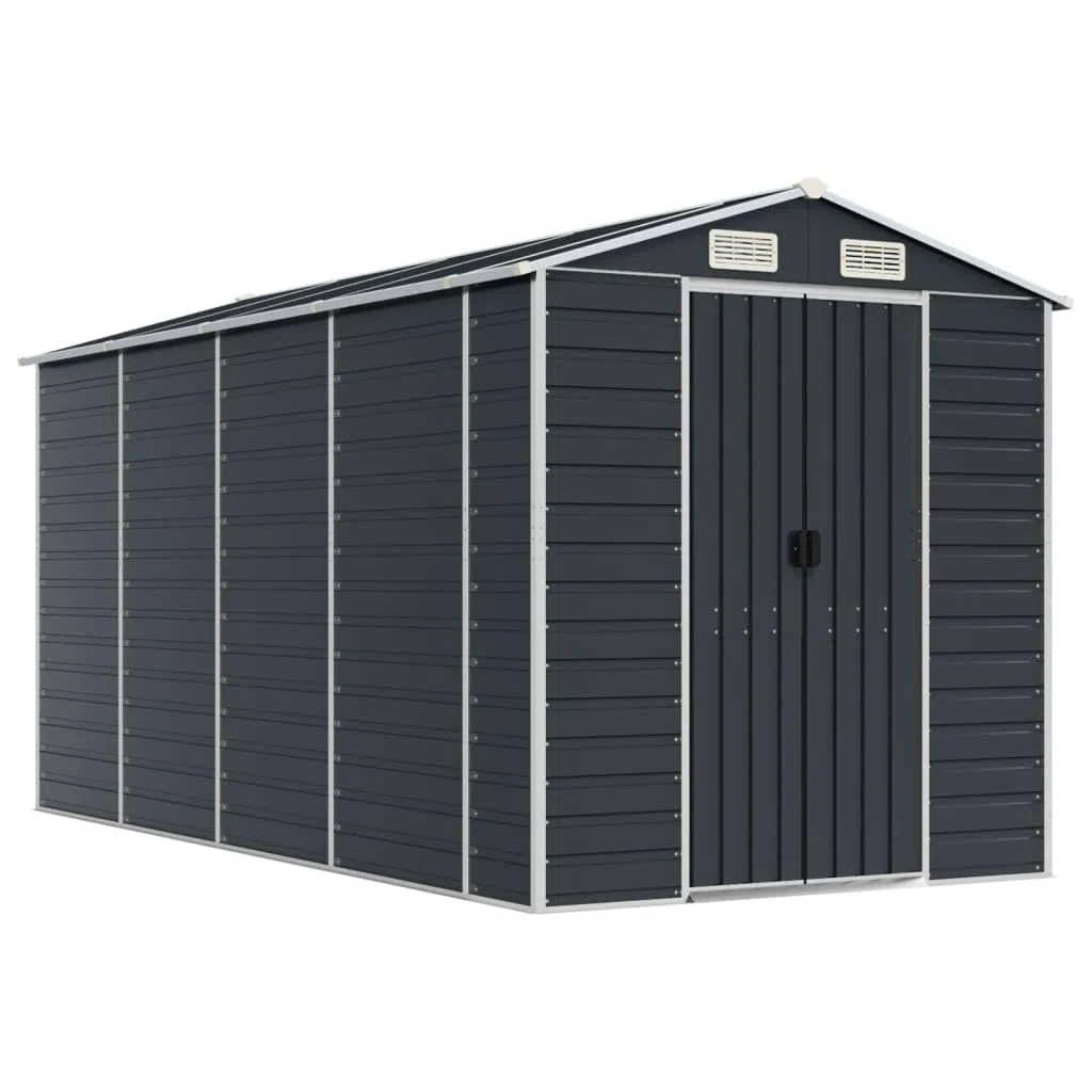 Gerätehaus Anthrazit 191x385x198 cm aus Verzinktem Stahl mit Schrägdach und 4 Lüftungsöffnungen für Gartengeräte und Brennholz Lagerung