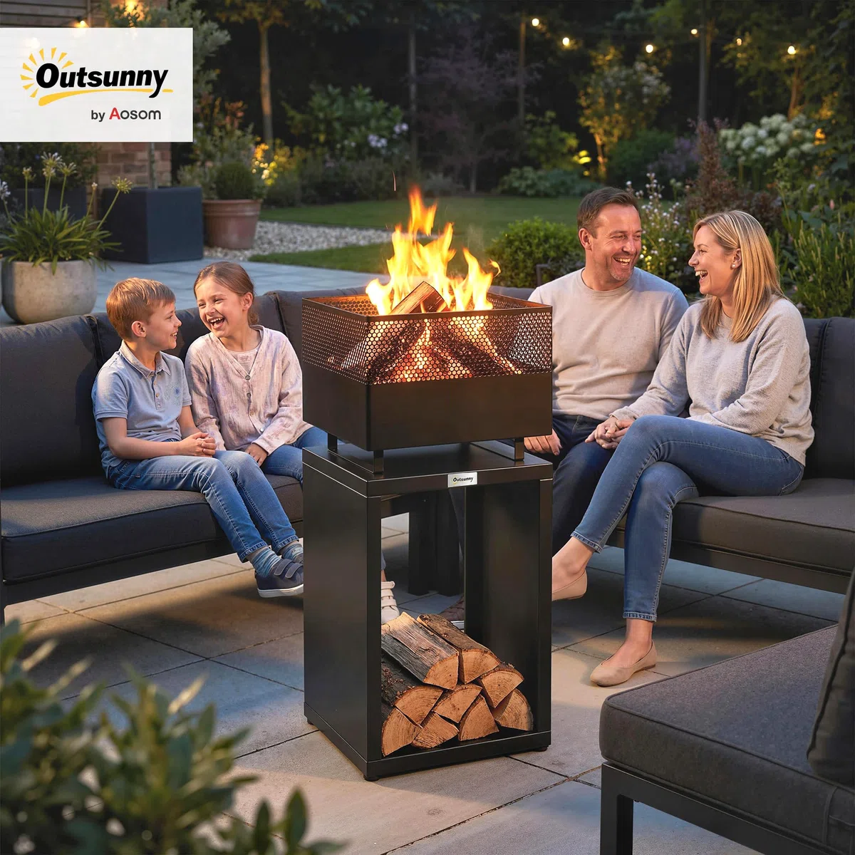 Outsunny Feuerschale mit Holzlager Kohlegitter 39 x 39 x 87 cm Schwarz | Feuerstelle, Verstellbaren Füßen, Feuerschalen Feuerkorb, für Garten Balkon Terrasse, Outdoor BBQ Camping