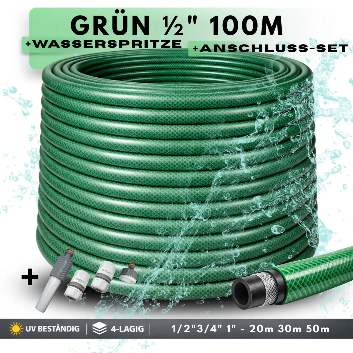Premium Gartenschlauch 1/2 Zoll 20m 30m 50m – flexibler Wasserschlauch, knickfest & langlebig – UV-beständig – ideal für Gartenbewässerung (Grün, 1/2 Zoll 100M + Anschlüsse-set)