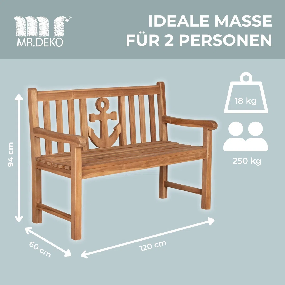 MR. DEKO Gartenbank Anker Teak Holz 120 cm | Gartenbank-Wetterfest 2-Sitzer | Holzbank Massivholz | Sitzbank Balkon Teakholz | Outdoor Bank Garten | Bänke Terrassenbank Robust | Sitzbank Outdoor